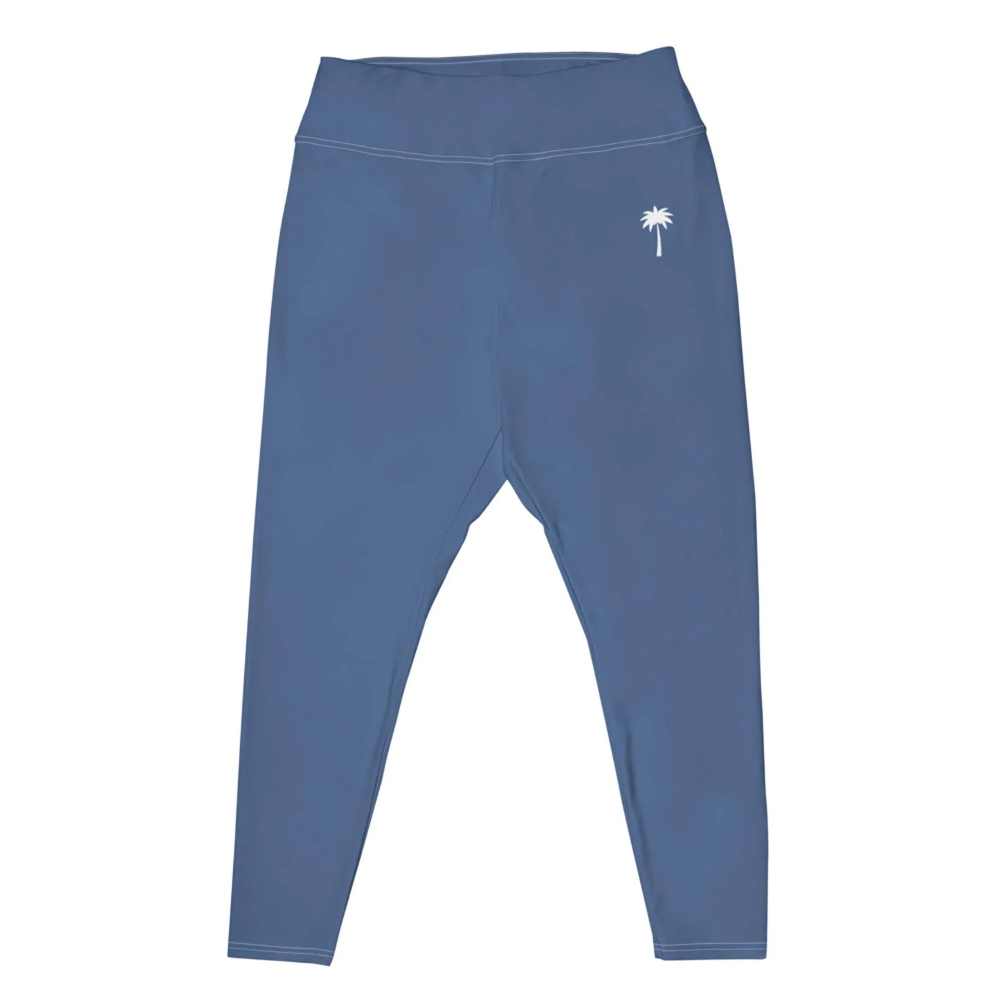 Blue high-waisted Mambí leggings with a small white palm tree logo on the left hip, displayed on a white background.
