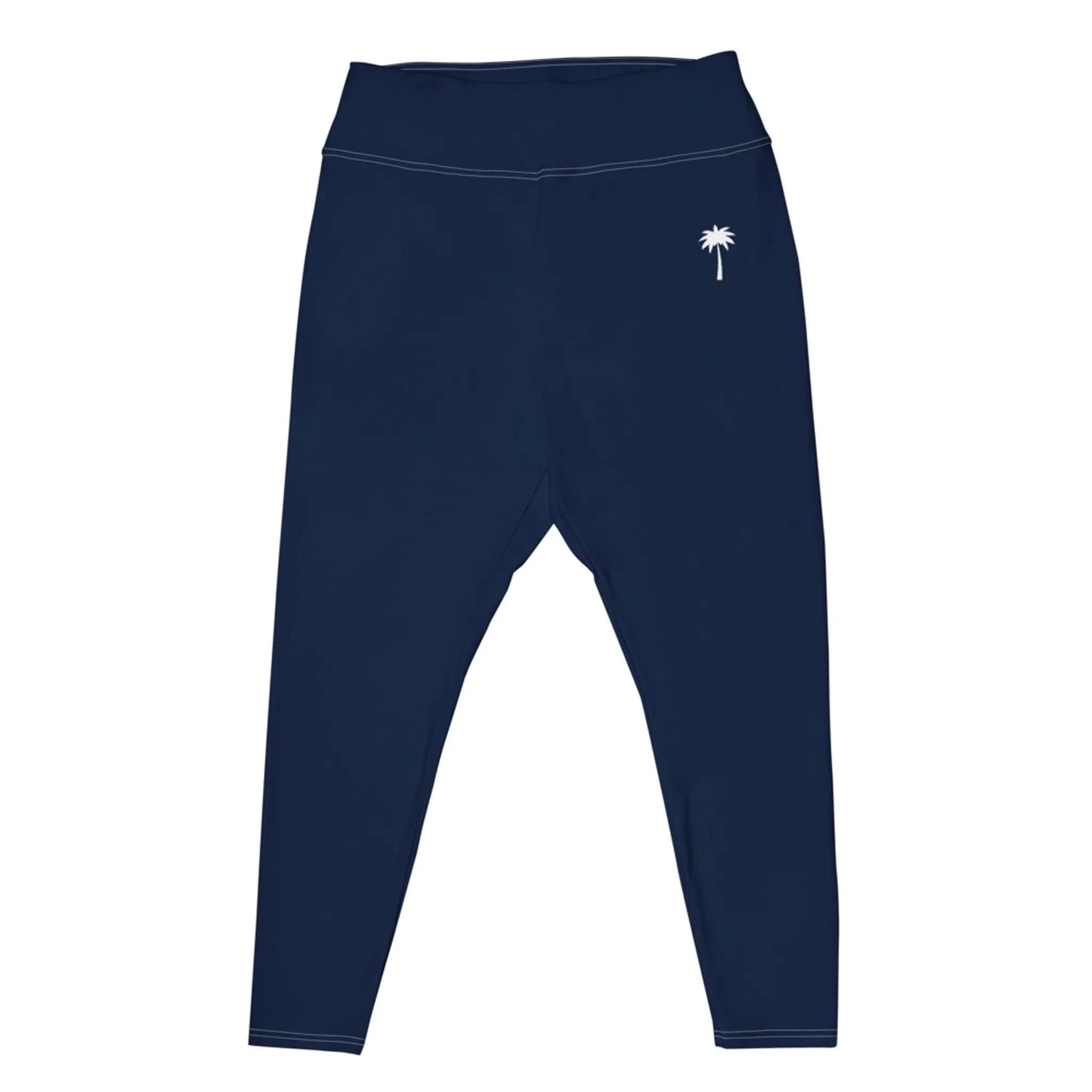 Navy blue high-waisted Mambí leggings featuring a small white palm tree graphic on the left hip. These leggings have a smooth texture and simple stitching along the seams.