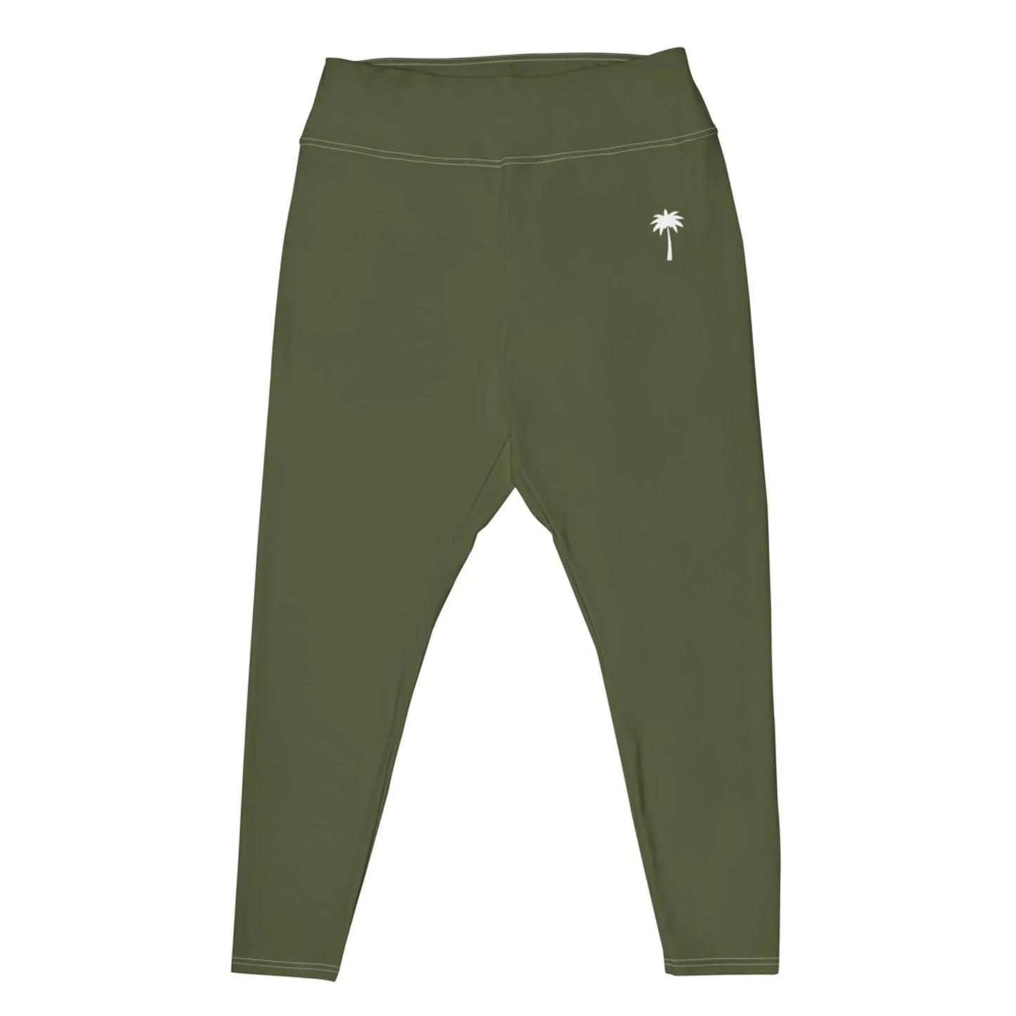 Olive green high-waisted leggings with a small white palm tree graphic on the left hip, inspired by Mambí style, displayed on a plain white background.
