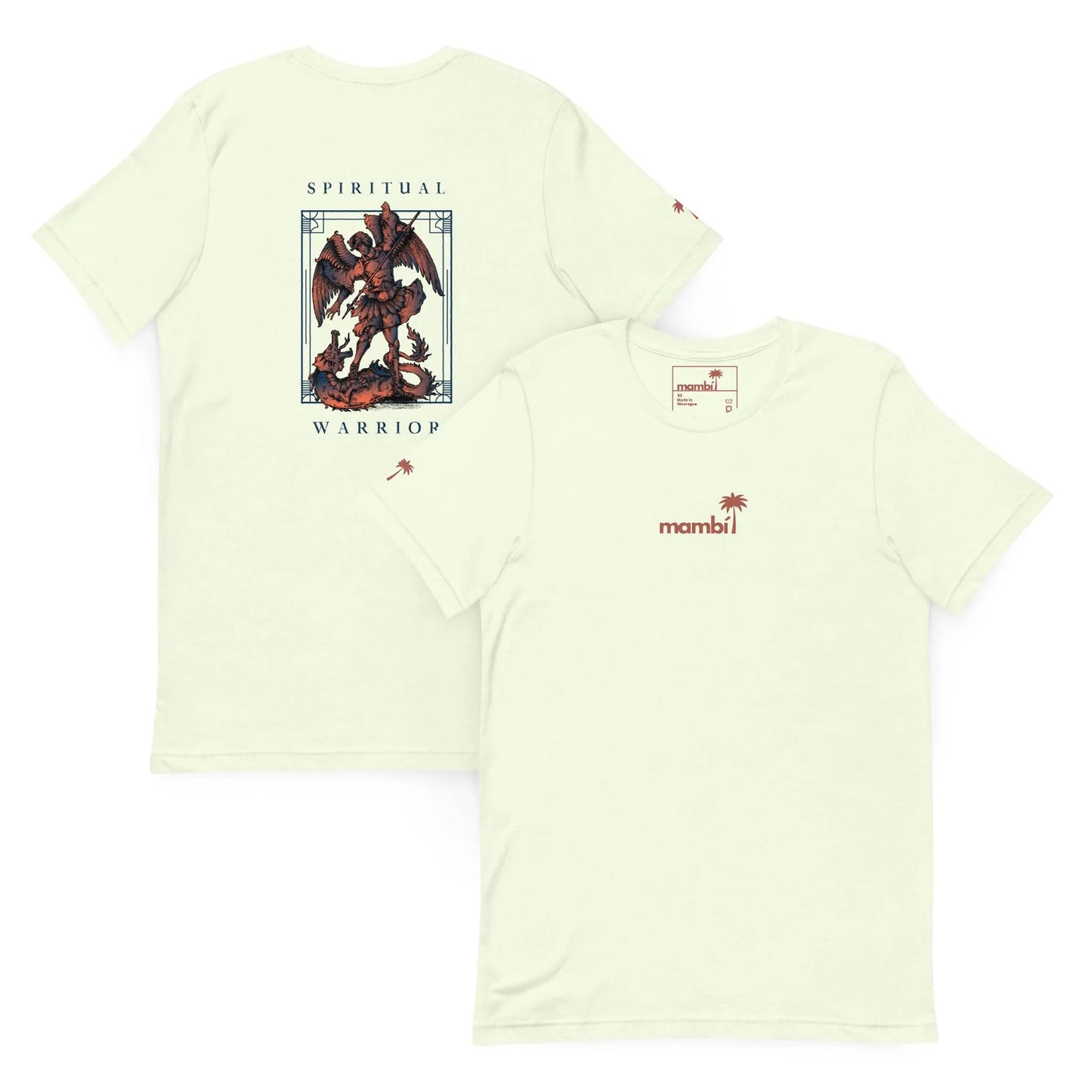 Two pale-colored Mambí t-shirts are shown, one front and one back. The front displays a small “mambi” logo with a red palm tree, while the back features an illustrated angel with a sword above the words SPIRITUAL WARRIOR.
