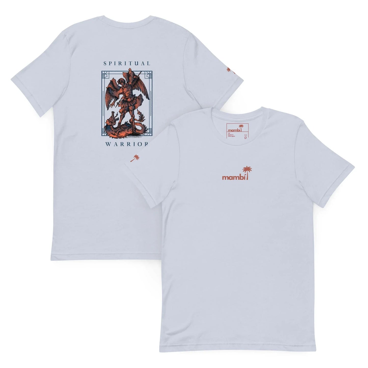 Two white Mambí T-shirts: the front displays a small red mambi logo with a palm tree on the chest, while the back showcases an illustrated warrior with wings and SPIRITUAL WARRIOR text above and below.