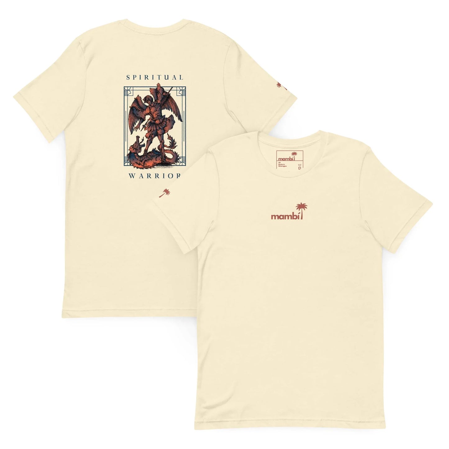 Two cream-colored t-shirts are shown. The front features a small red Mambí logo and palm tree on the left chest. The back displays an illustrated warrior with wings and sword, with SPIRITUAL WARRIOR above and below the image.