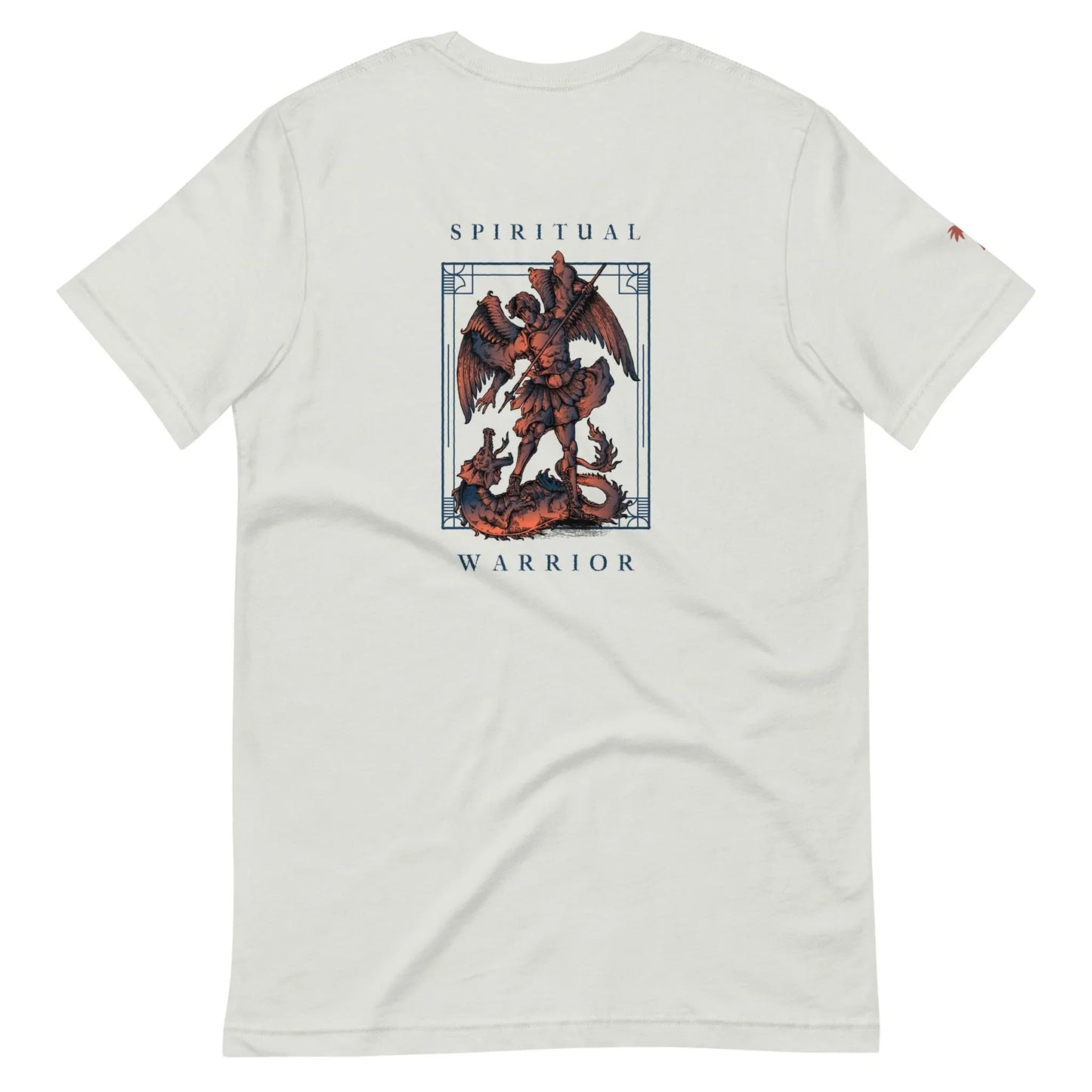 White t-shirt featuring a Mambí-inspired graphic on the back of an angel with wings defeating a dragon inside a decorative frame, with SPIRITUAL WARRIOR above and below the image.