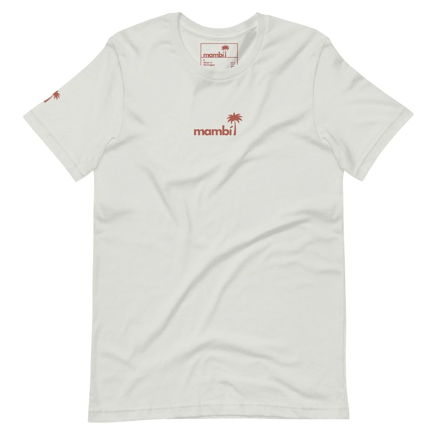 White short-sleeve t-shirt featuring a small red palm tree and the word Mambí in lowercase across the chest. A matching red palm tree decorates the left sleeve.