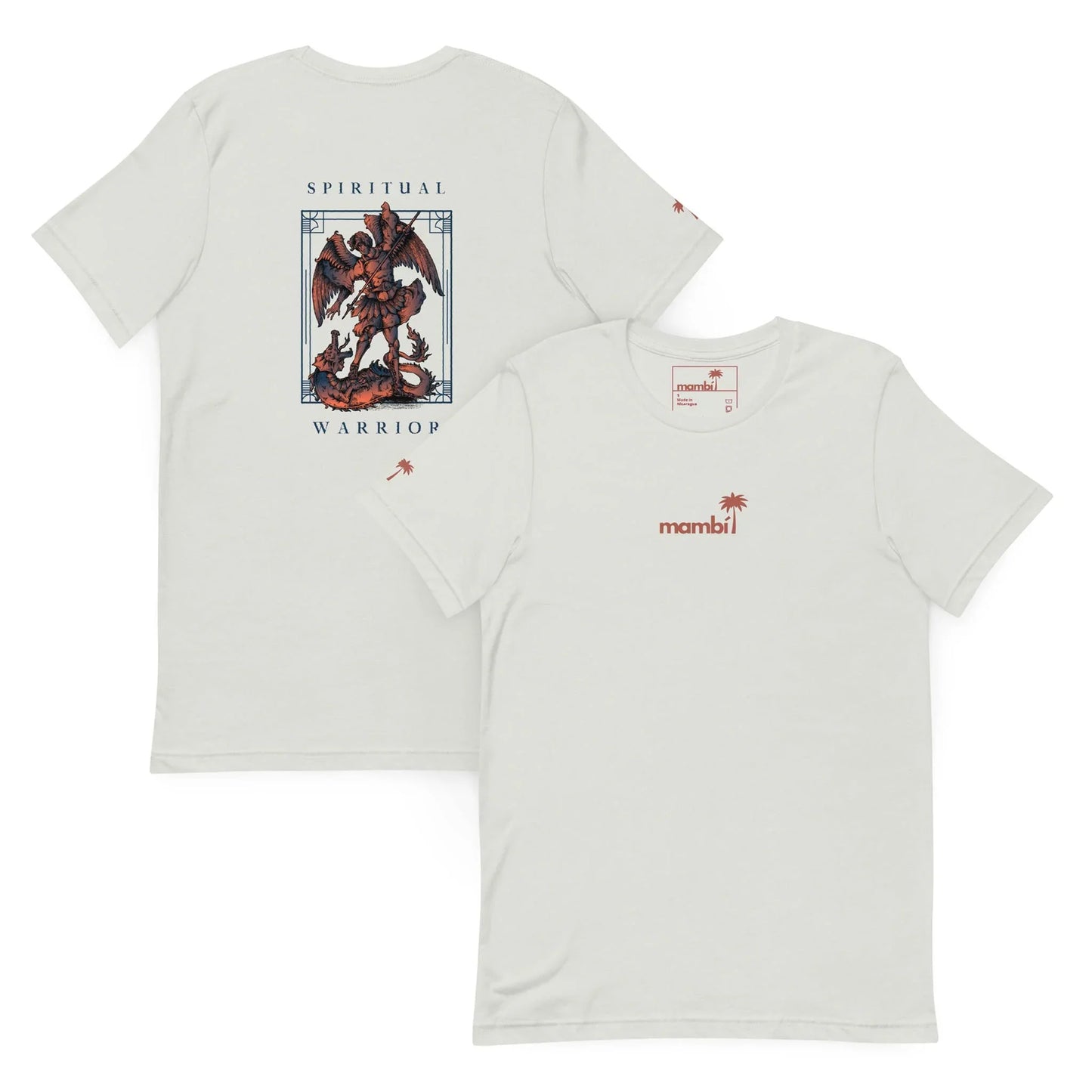 Two white Mambí t-shirts are displayed front and back. The front shows a small red Mambí logo with a palm tree, while the back features an angel defeating a demon and the words “SPIRITUAL WARRIOR.”.