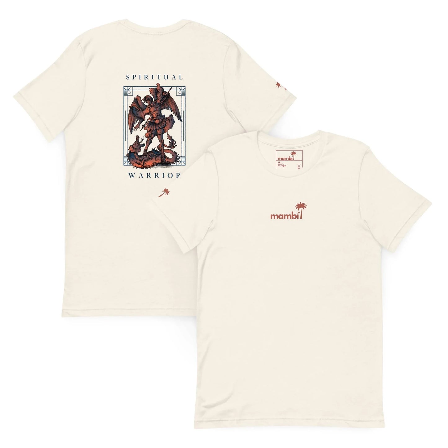 Two cream-colored t-shirts, front and back shown. The front features a small red Mambí logo and palm tree on the chest. The back displays a detailed illustration of a warrior angel with SPIRITUAL WARRIOR text above and below.