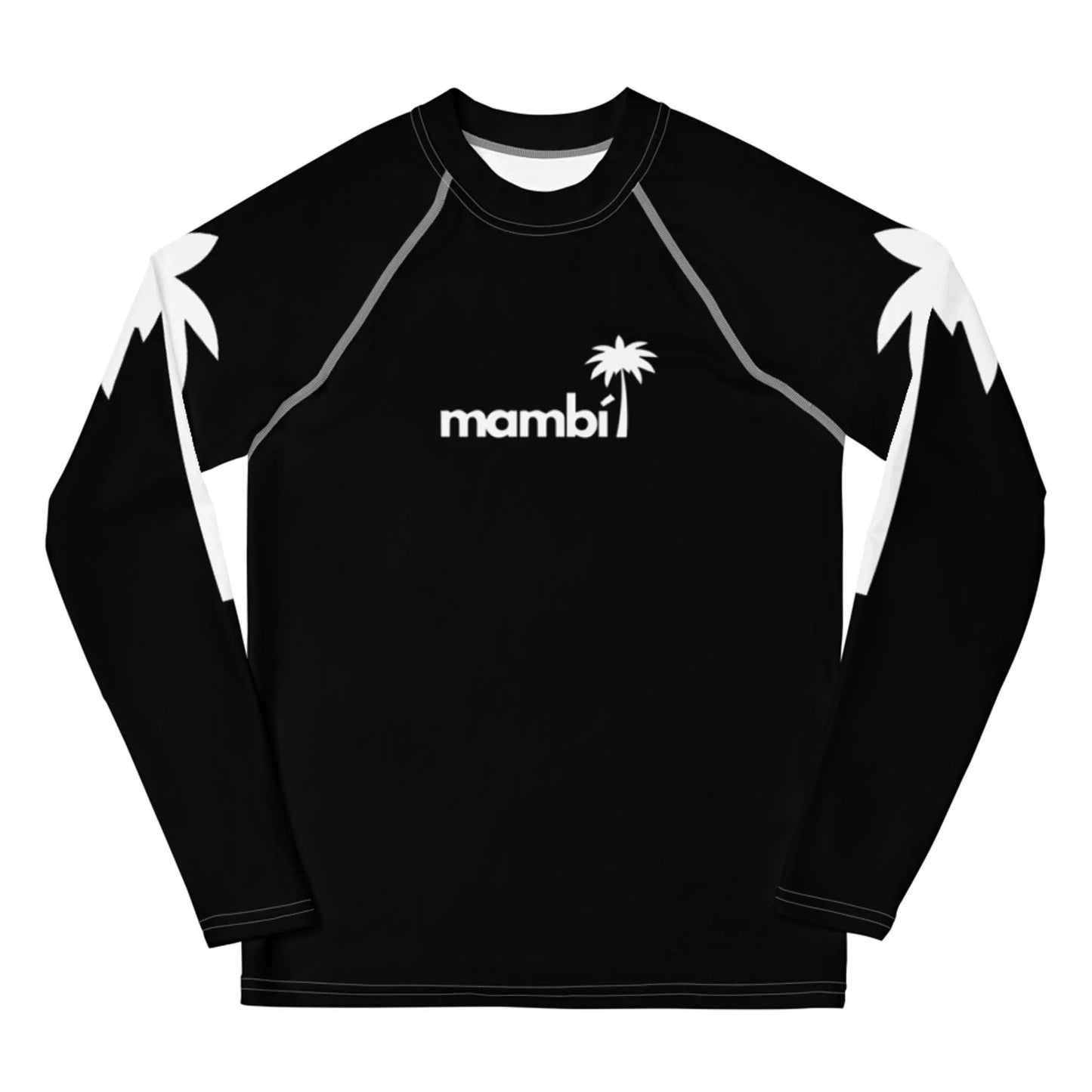 Black long-sleeve shirt with white accents, featuring a white palm tree and the word Mambí on the chest. Palm tree-shaped designs appear on both shoulders and extend down the sleeves.