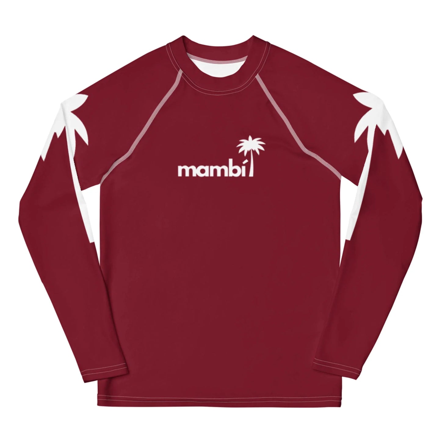 A long-sleeve maroon rash guard featuring white palm tree silhouettes on the shoulders and the word Mambí with a small palm tree graphic above the text on the chest.