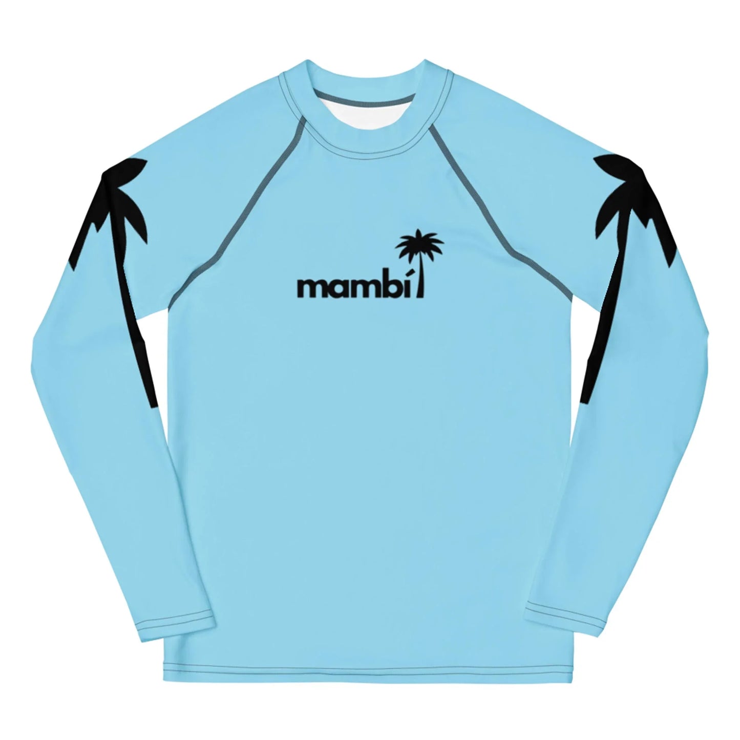 Light blue long-sleeve shirt with black palm tree graphics on both shoulders and Mambí with a small palm tree logo centered on the chest.