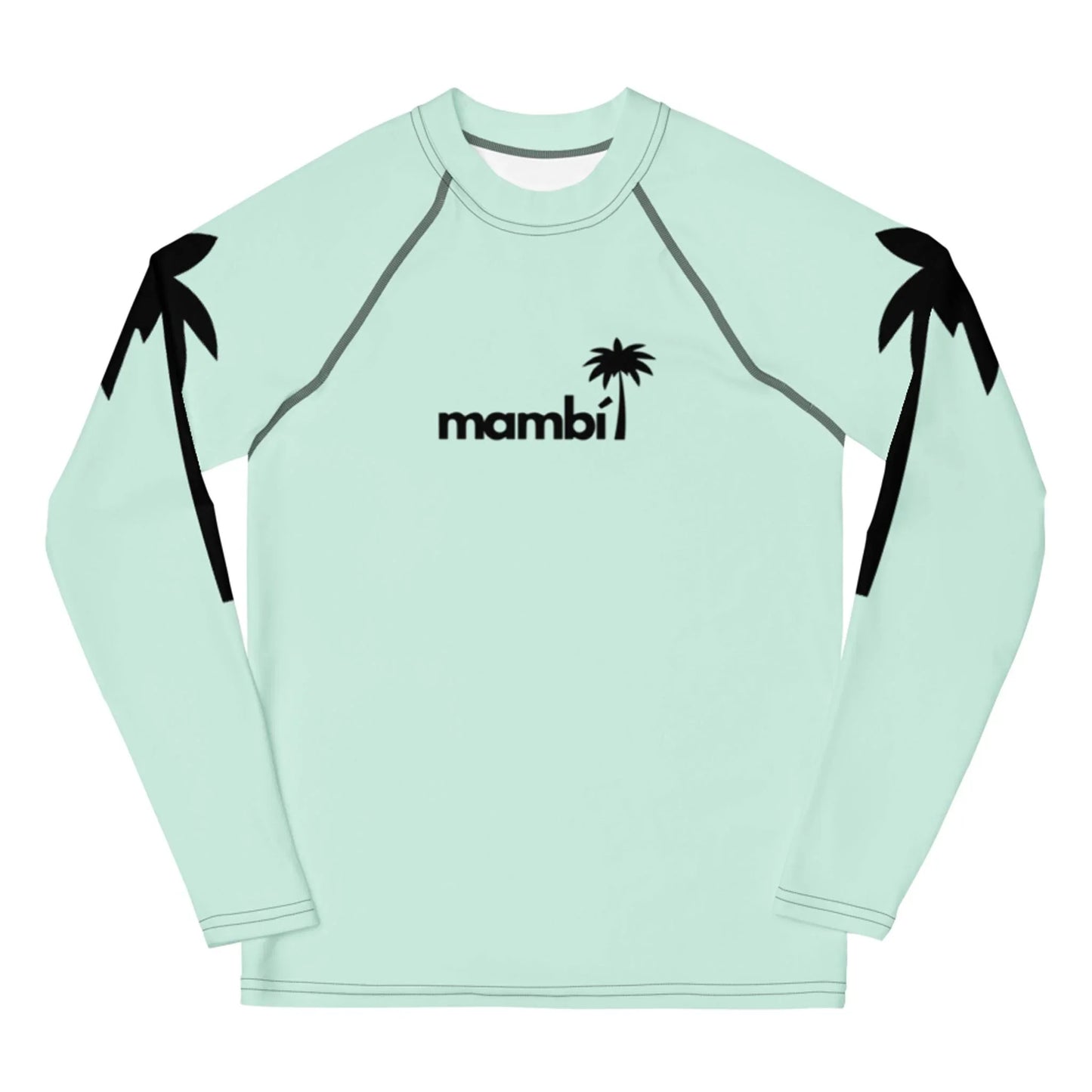 Light mint-green long-sleeve shirt featuring Mambí and a small black palm tree logo on the chest. Black palm tree silhouettes accent the shoulders and upper sleeves.