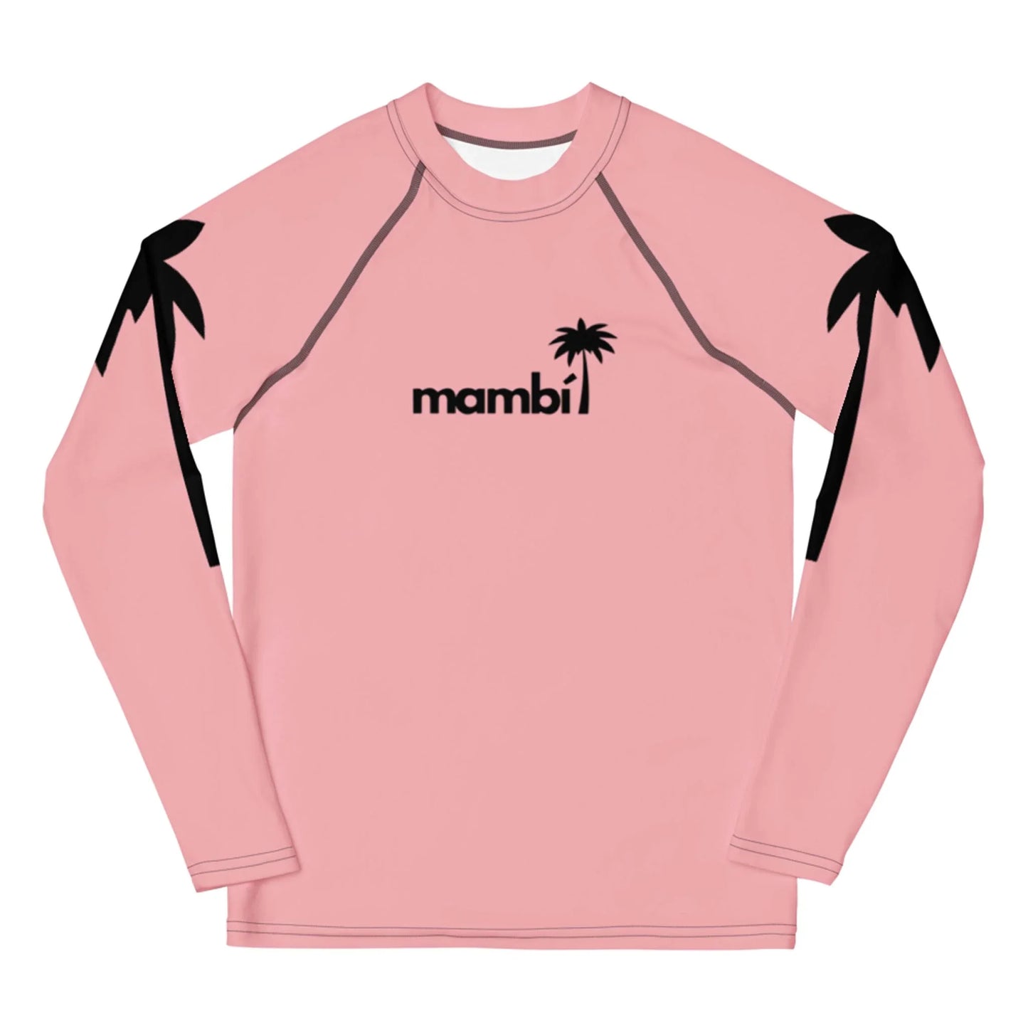 A pink long-sleeve shirt featuring black palm tree graphics on both shoulders and the word Mambí with a small palm tree above the i printed on the chest.
