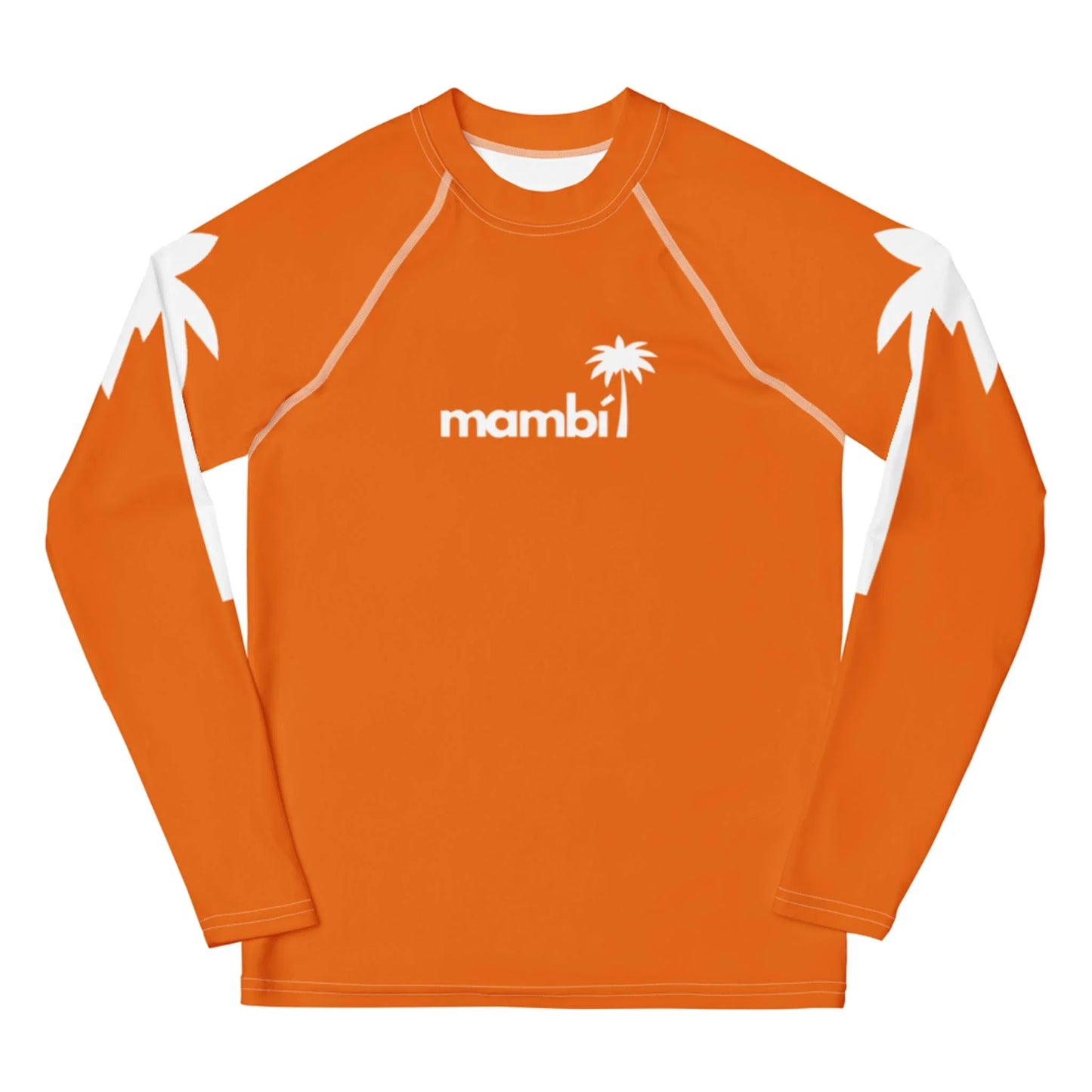 An orange long-sleeve rash guard featuring white palm tree designs on the shoulders and “Mambí” with a small palm tree logo in white on the chest.
