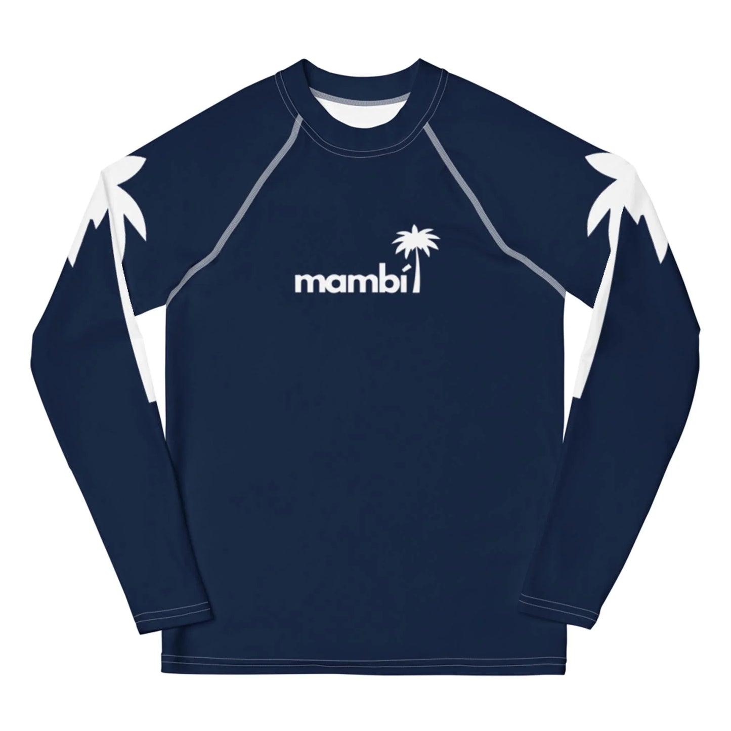 Navy blue long-sleeve rash guard featuring white palm tree designs on the shoulders and Mambí with a palm tree graphic above the i printed in white on the chest.