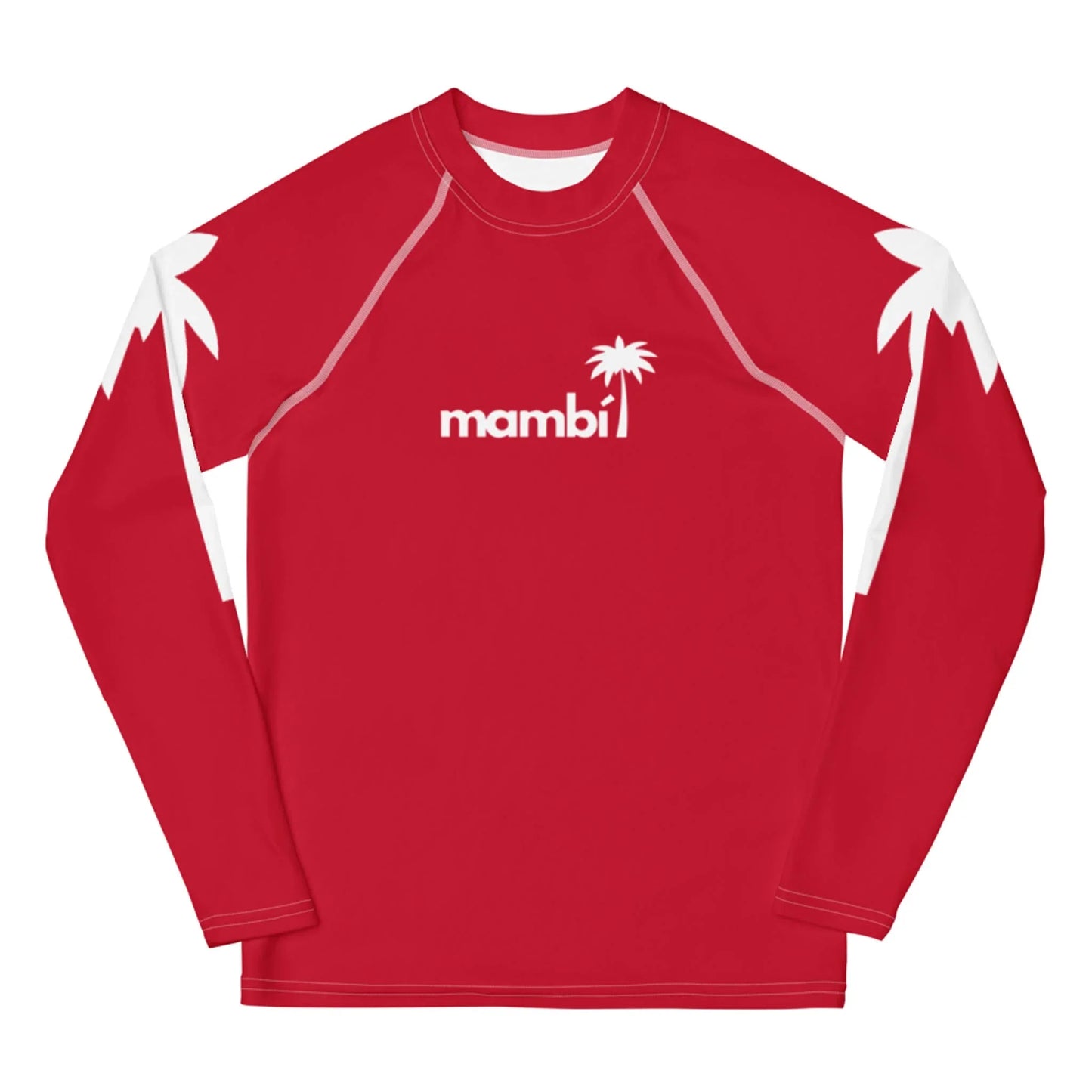A long-sleeve red rash guard featuring white palm tree graphics on the shoulders and Mambí written in white with a palm tree above the i on the chest.