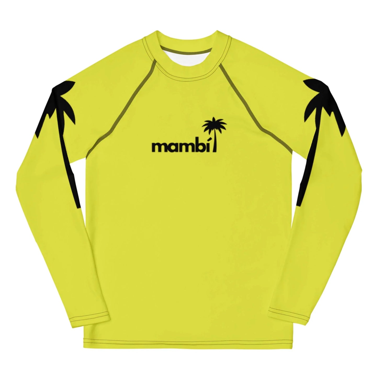 A long-sleeve yellow shirt featuring black palm tree silhouettes on the shoulders and arms, with “Mambí” and a small palm tree graphic displayed on the chest.