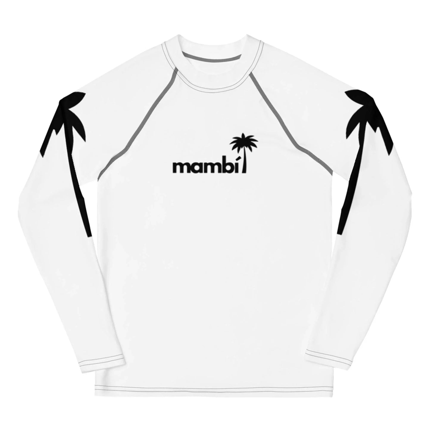 A white long-sleeve shirt with black palm tree silhouettes on each sleeve and the word Mambí, featuring a small palm tree above the letter i, centered on the chest.