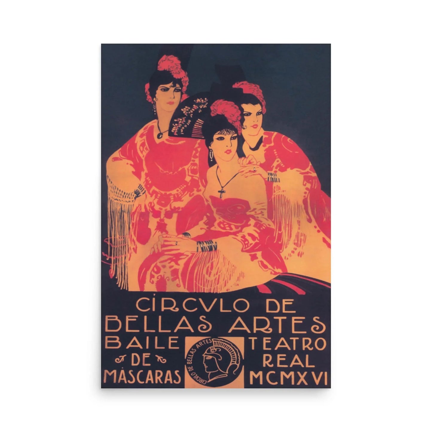 The Circulo de Bellas Artes reprinted vintage poster by Printful features three women in red dresses for a masked ball, Teatro Real 1916. Printed on premium luster paper, 24x36—ideal for sophisticated or vintage decor.