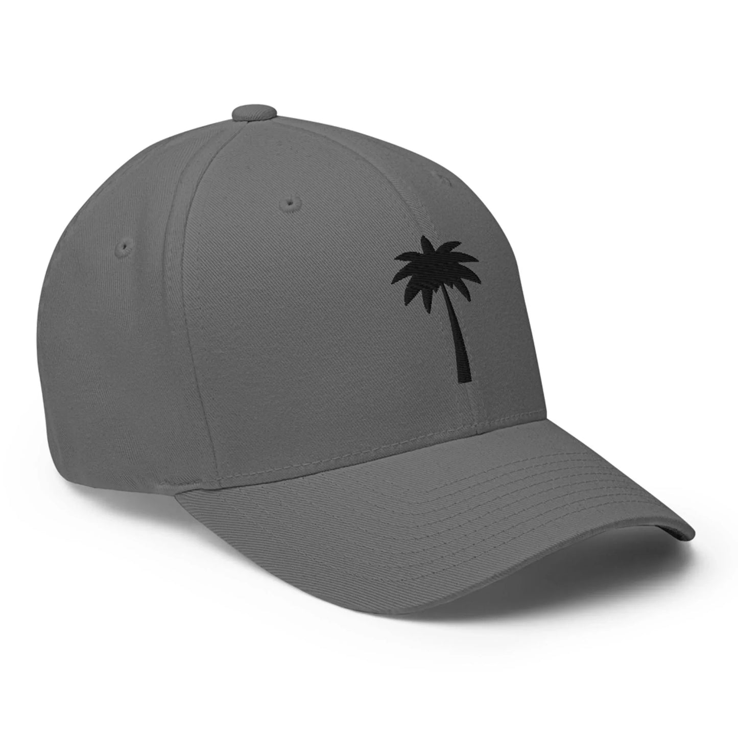 A gray Mambí baseball cap featuring a simple black palm tree graphic on the front left panel.