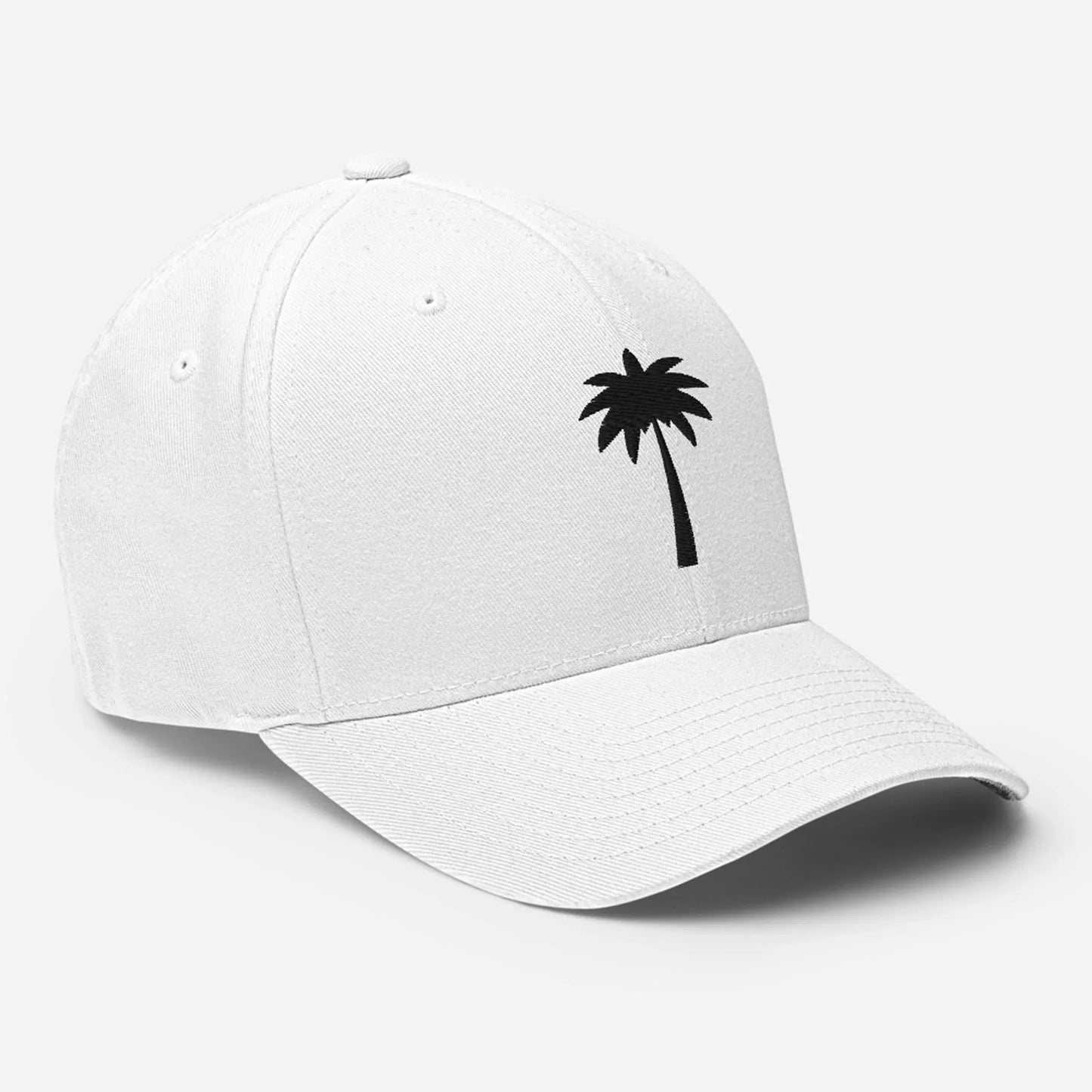 A white baseball cap featuring a simple black palm tree graphic on the front, with a subtle Mambí touch, displayed on a plain light background.