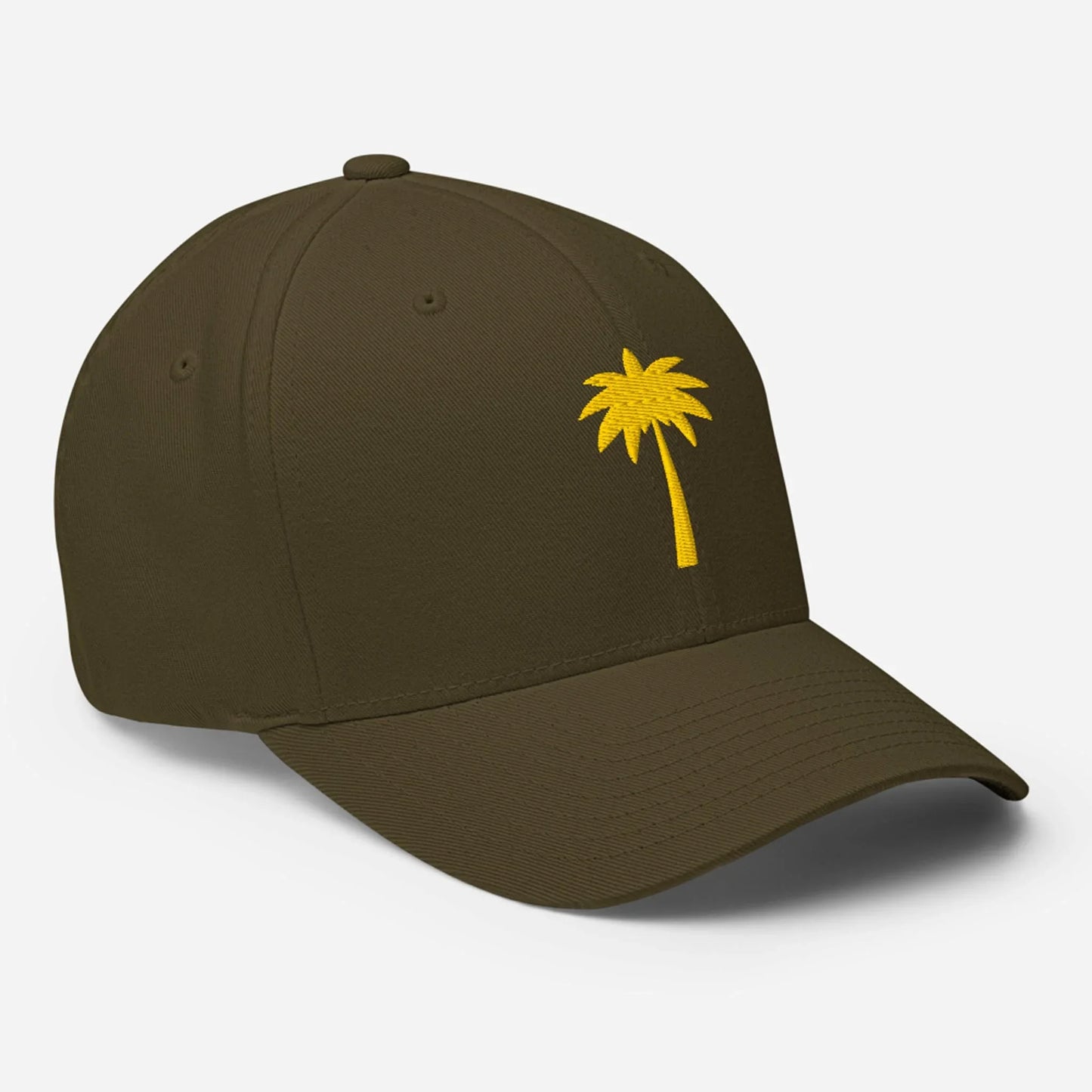 A dark olive green baseball cap with a curved brim, featuring a simple yellow palm tree embroidered on the front left panel. This Mambí cap is shown on a plain white background.