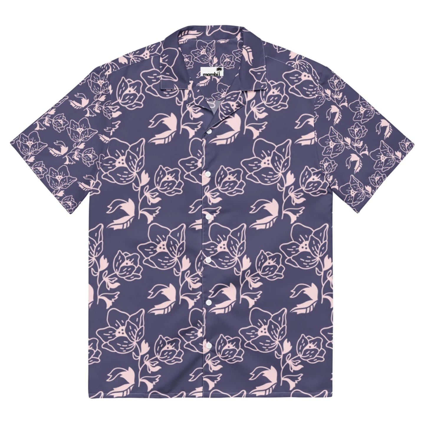 A Mambí short-sleeve button-up shirt with a dark purple background and a light pink floral pattern featuring abstract flowers and leaves.