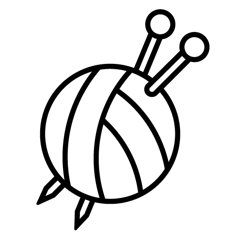A simple black and white line drawing of a ball of yarn with two knitting needles inserted through it.