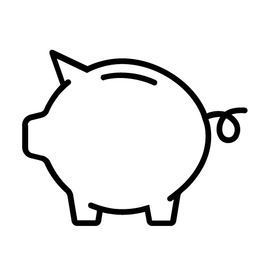 A simple black outline of a piggy bank, shown in profile facing left, with a curly tail and four legs.