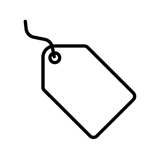 Simple black outline of a price tag with a string looped through a hole at one end, shown on a white background.