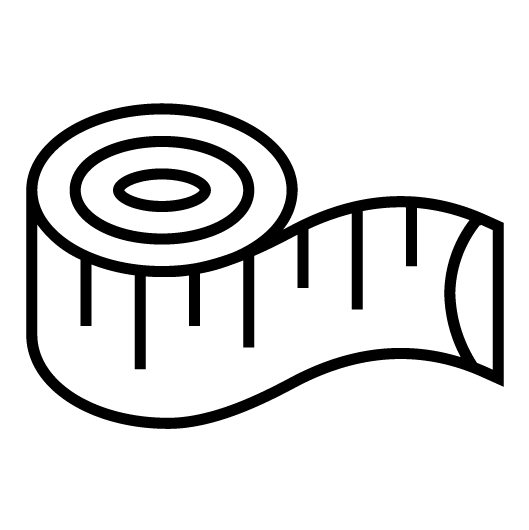 Black and white line drawing of a rolled-up measuring tape with visible measurement markings along its length.