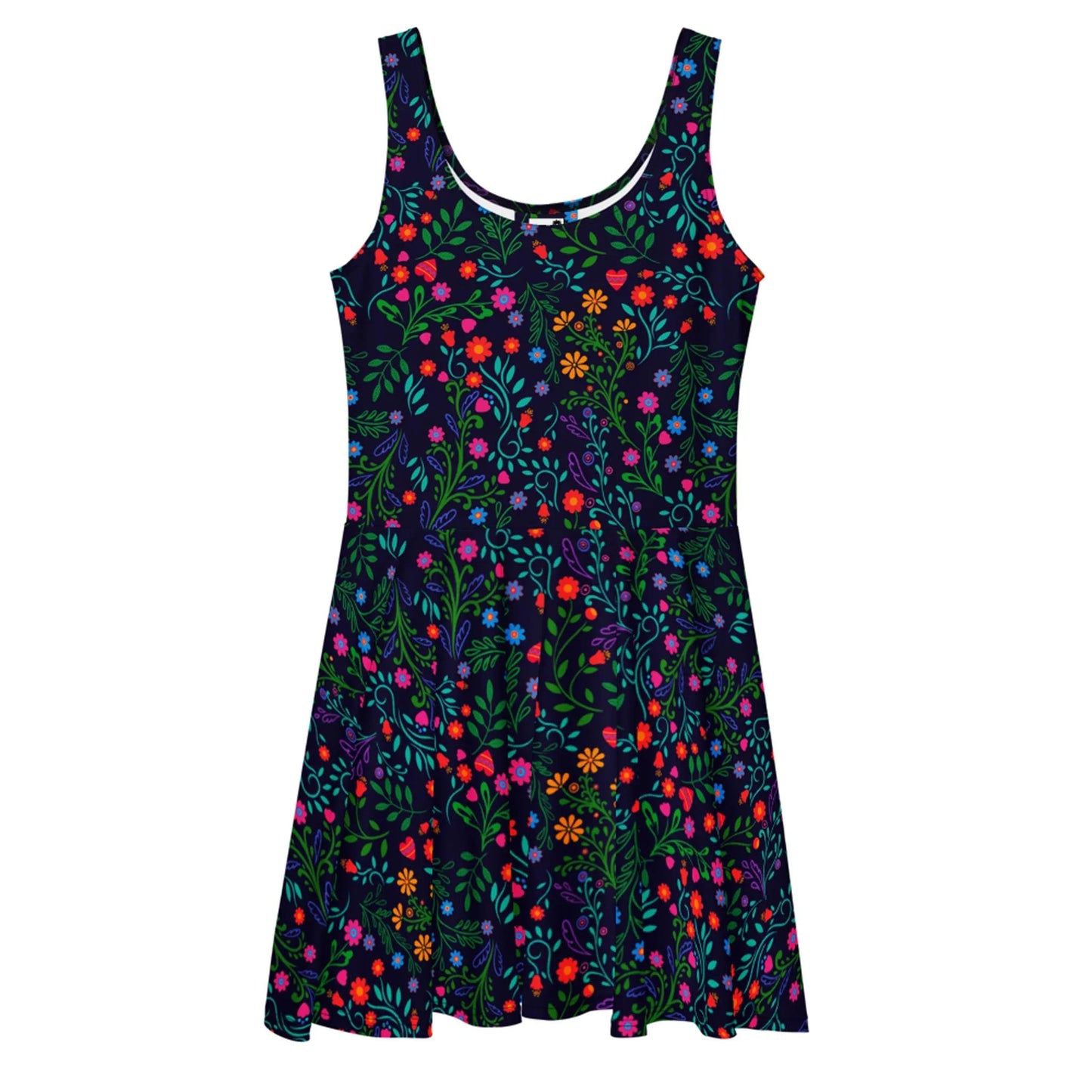 The Coco Skater Dress by Printful is a sleeveless womens dress with a flared skirt, made from soft fabric. It has a dark base with vibrant red, orange, purple, green, and blue floral patterns and leafy details.