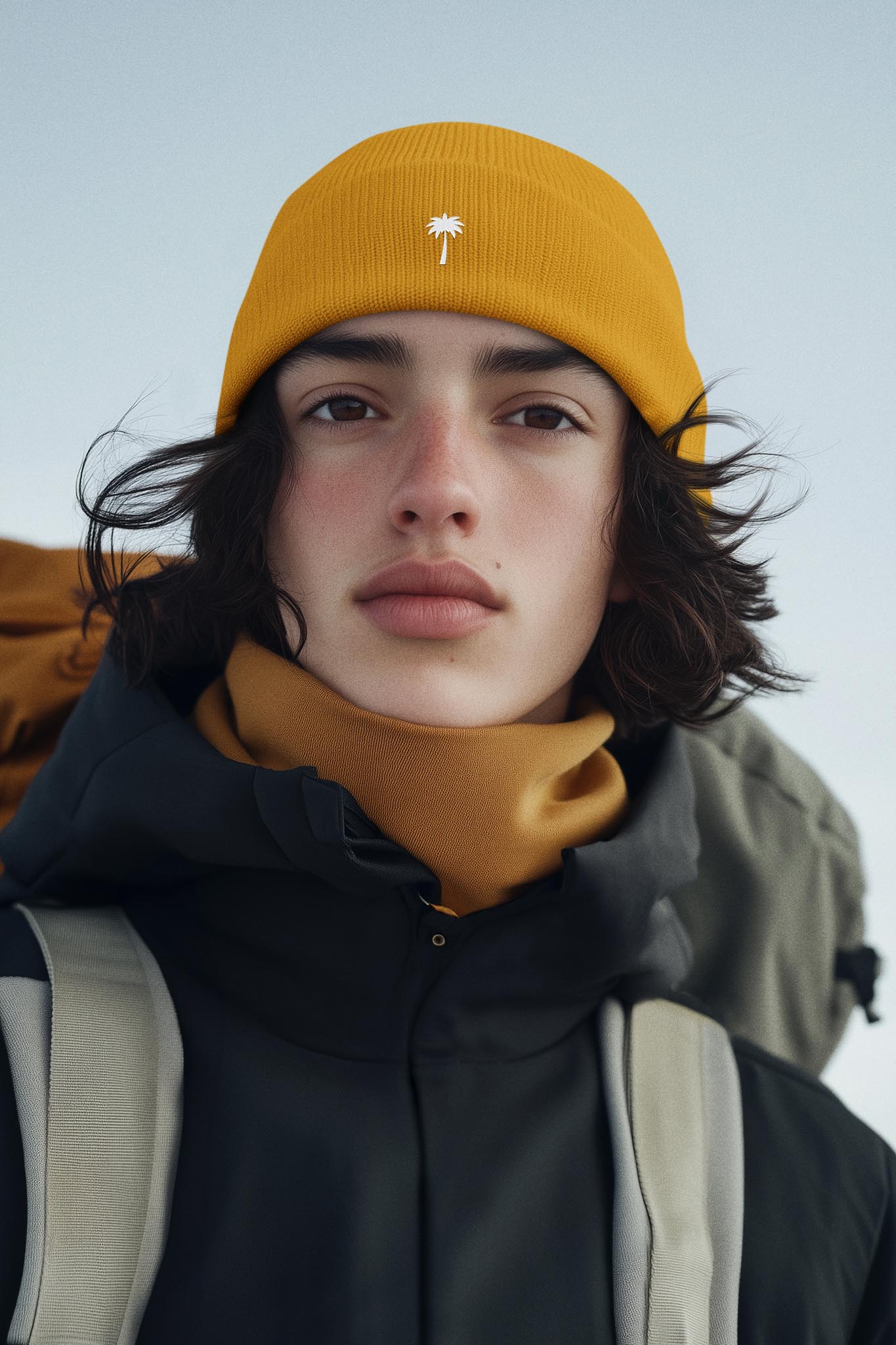 A young person with shoulder-length dark hair wears a mustard yellow beanie and scarf, a black jacket, and a backpack, standing outdoors against a pale sky.