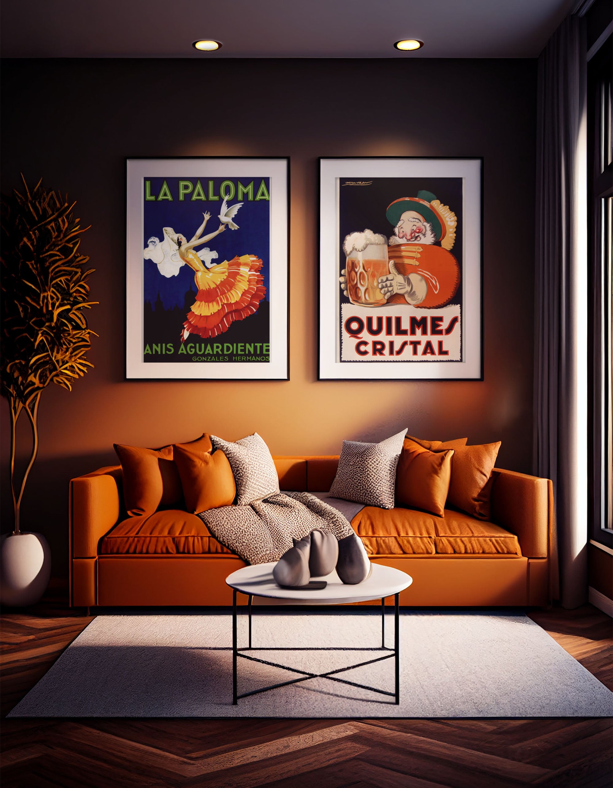 A stylish living room with an orange sofa, patterned cushions, a round white coffee table, and two vintage posters on the dark wall above. Sunlight streams in through large windows, illuminating the modern, cozy space.