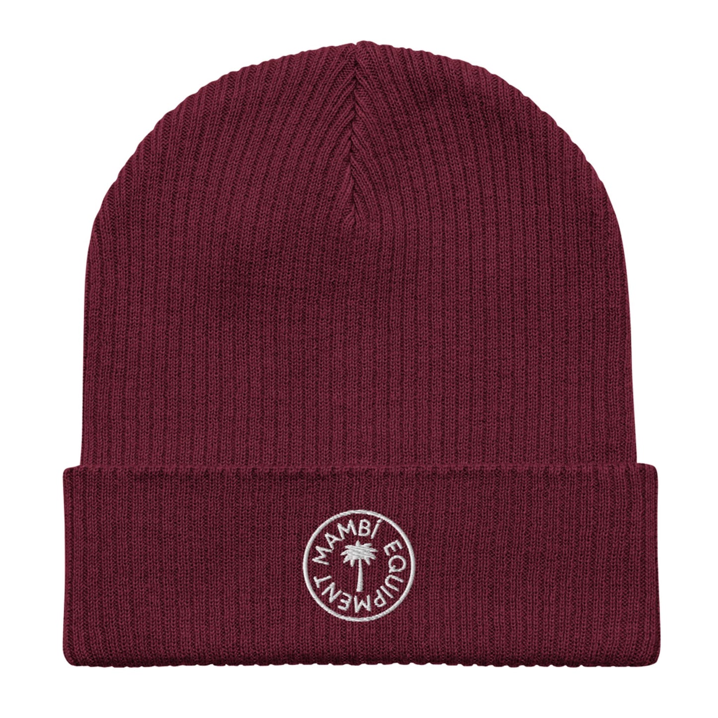 A maroon ribbed knit beanie with a folded brim, featuring a circular white embroidered patch that says Mambí Equipment and displays a small palm tree in the center.