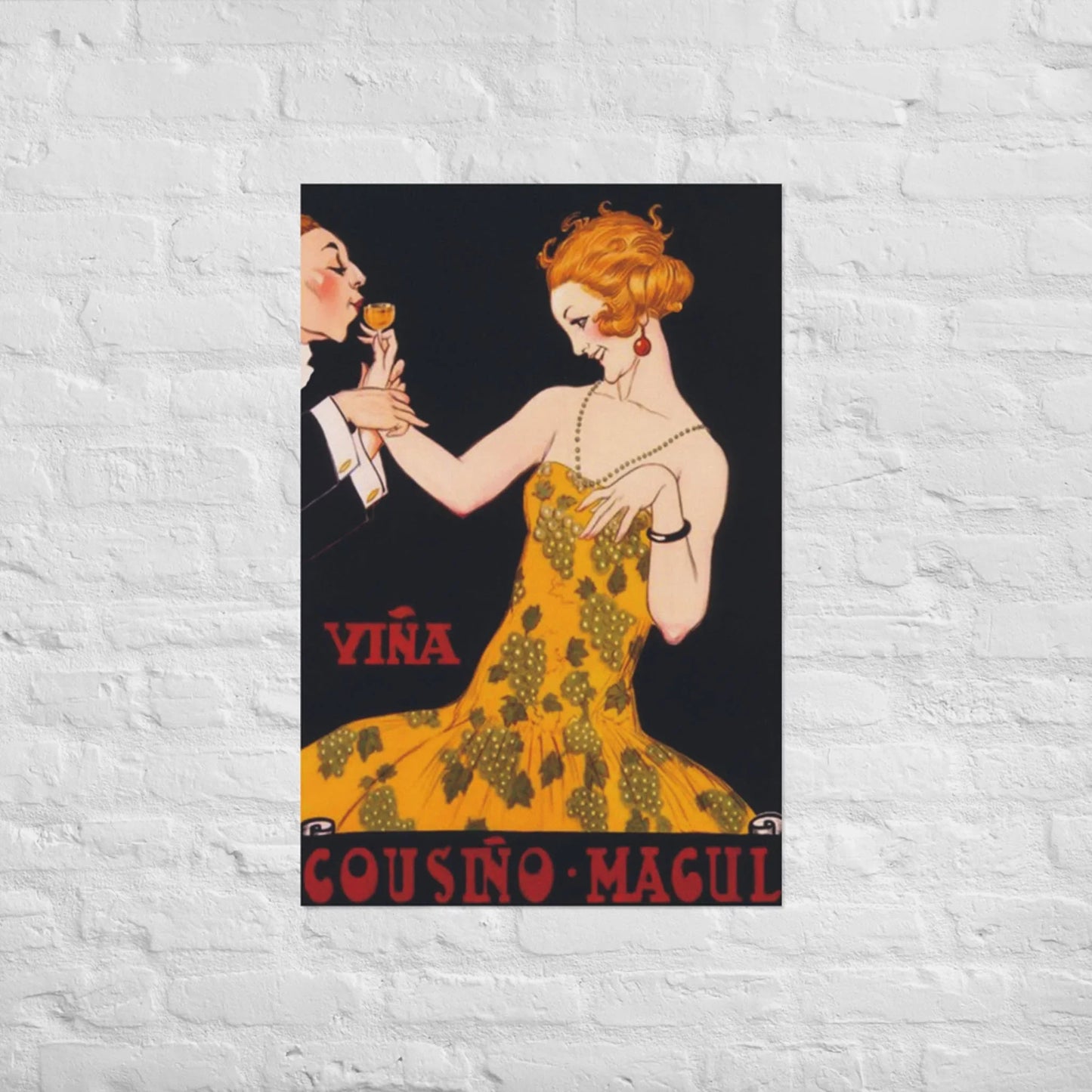 Vintage-style Mambí poster of a woman in a yellow dress with green patterns being offered a glass of wine by a server. The text reads Viña Cousiño Macul at the bottom, set against a white brick wall.