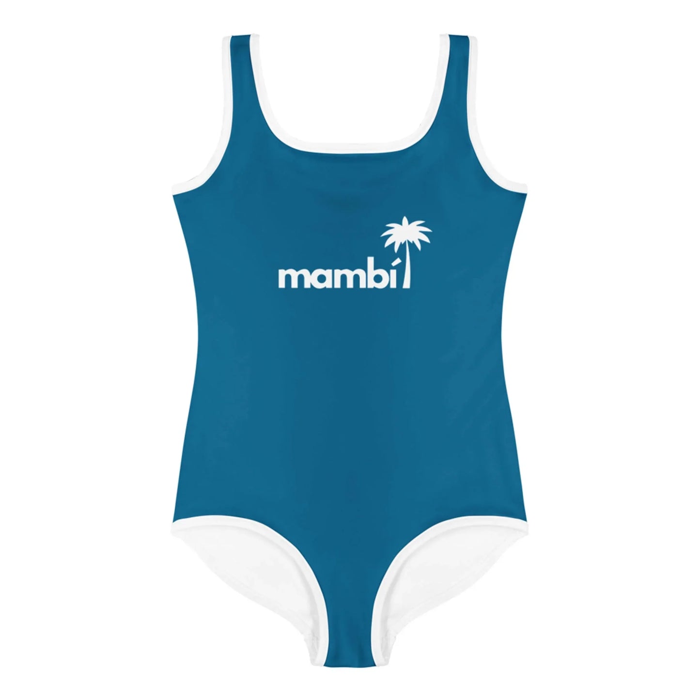 The Daisy Classic One-Piece Swimsuit by Printful is a blue girls’ swimsuit with white trim, mambi text, and a palm tree graphic. Designed for toddler & little kid sizes, it offers UPF sun protection for worry-free fun in the sun.