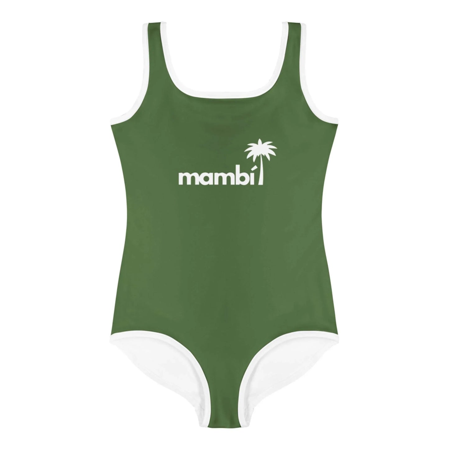 The Daisy Classic One-Piece Swimsuit by Printful for toddlers and little kids features green fabric with white trim, plus a white palm tree graphic and mambi text on the chest for playful summer style.