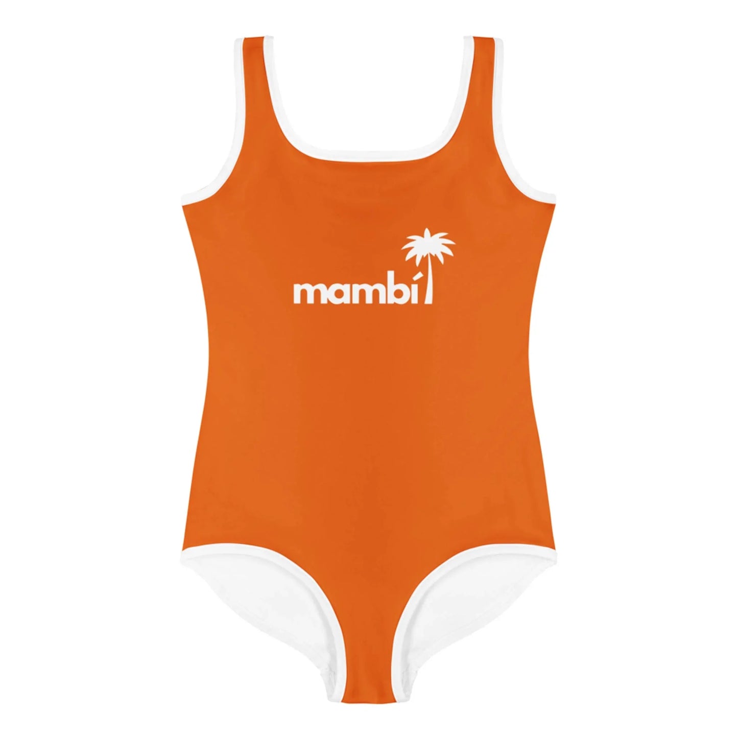The Daisy Classic One-Piece Swimsuit by Printful is a bright orange swimsuit for toddlers and little kids with white trim, “mambi” text, palm tree graphic, vibrant prints, and UPF sun protection.