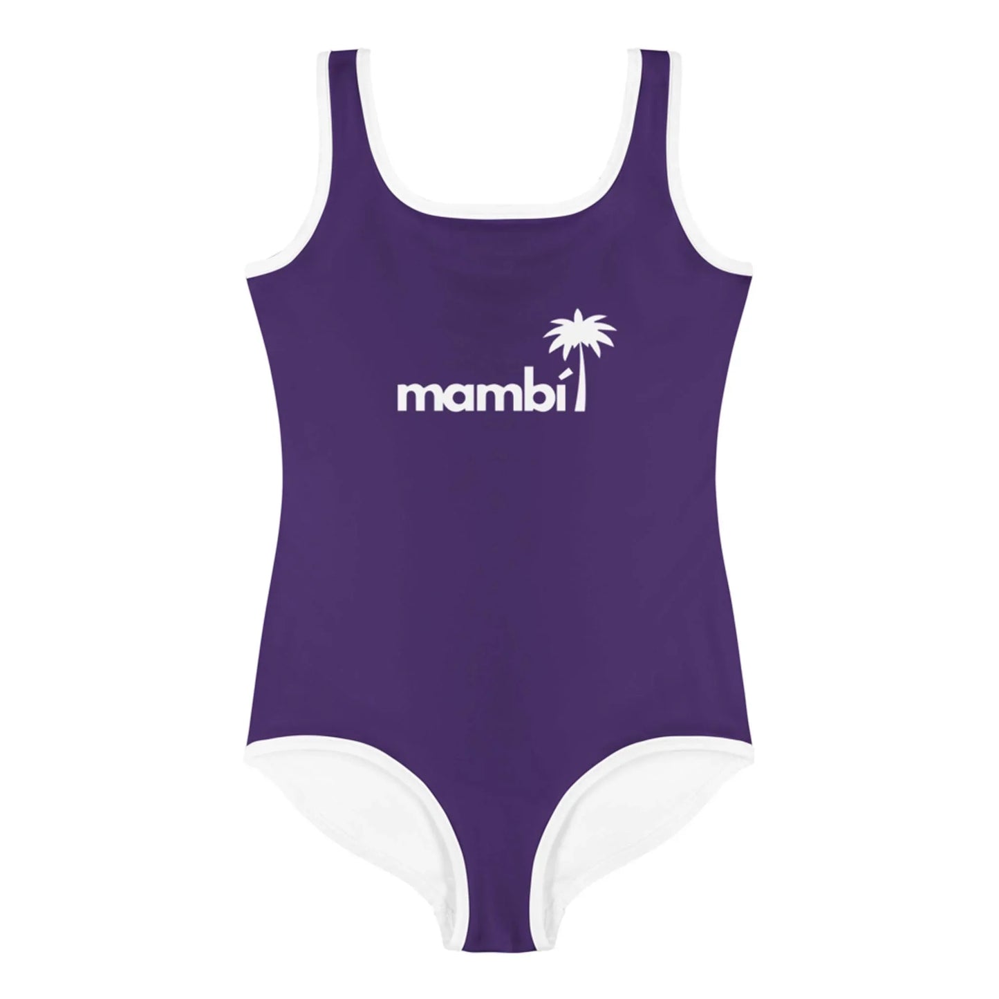 The Daisy Classic One-Piece Swimsuit by Printful features vibrant purple fabric with white trim, a mambi print and palm tree graphic on the chest, plus UPF sun protection—perfect for stylish toddlers and little kids in the sun.