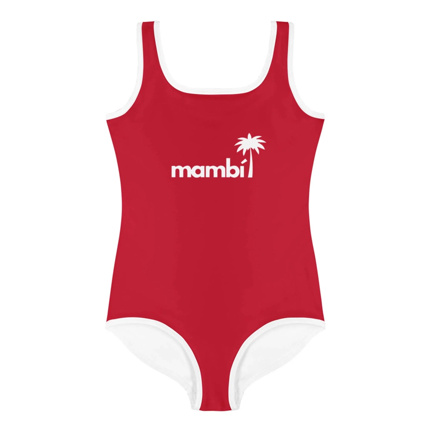 The Daisy Classic One-Piece Swimsuit by Printful for toddlers and little kids features vibrant red fabric with white trim, mambi in lowercase, and a small white palm tree graphic—perfect for stylish summer comfort!.