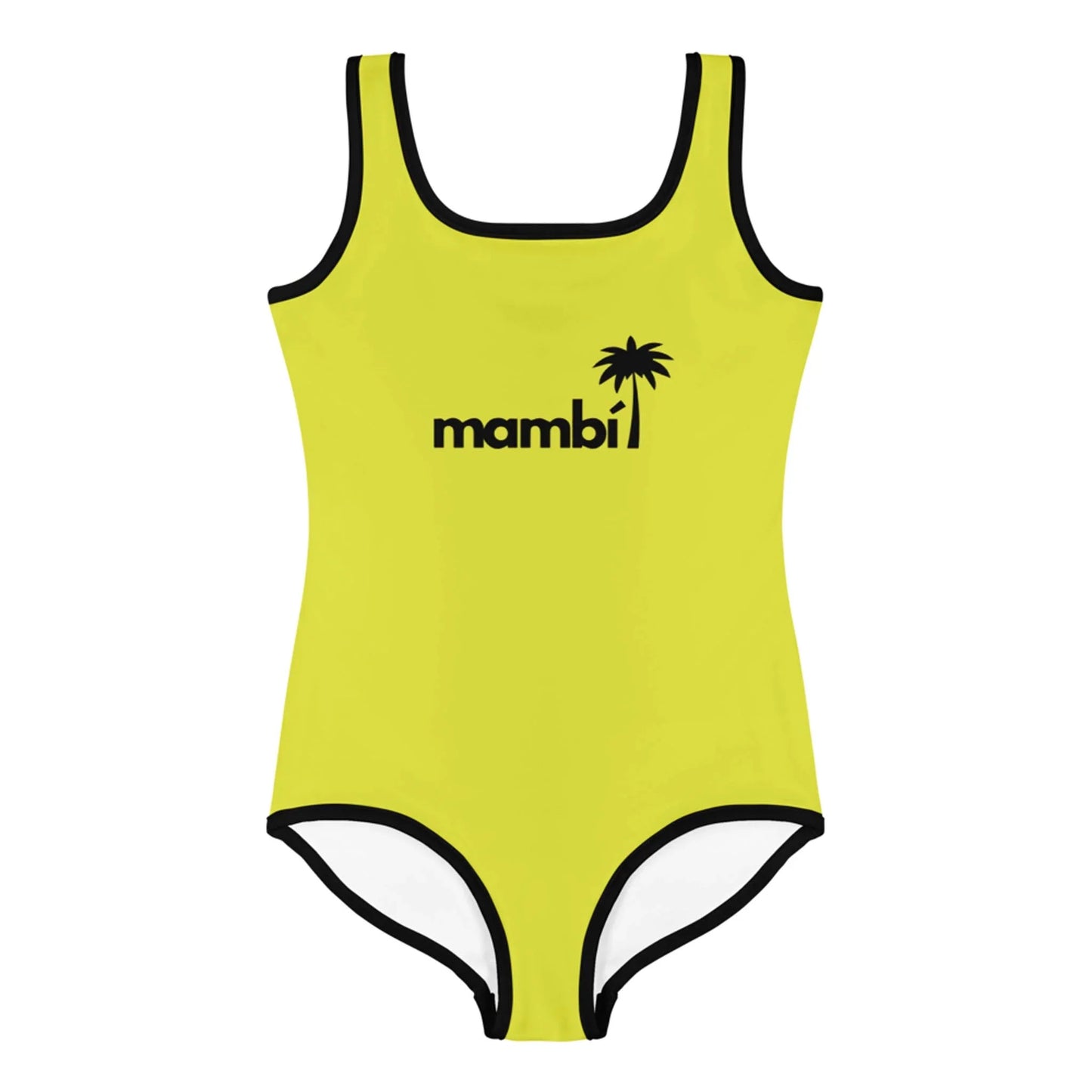 The Daisy Classic One-Piece Swimsuit by Printful features a yellow design with black trim, a mambi and palm tree graphic on the chest, and offers stylish UPF sun protection for toddlers and little kids.