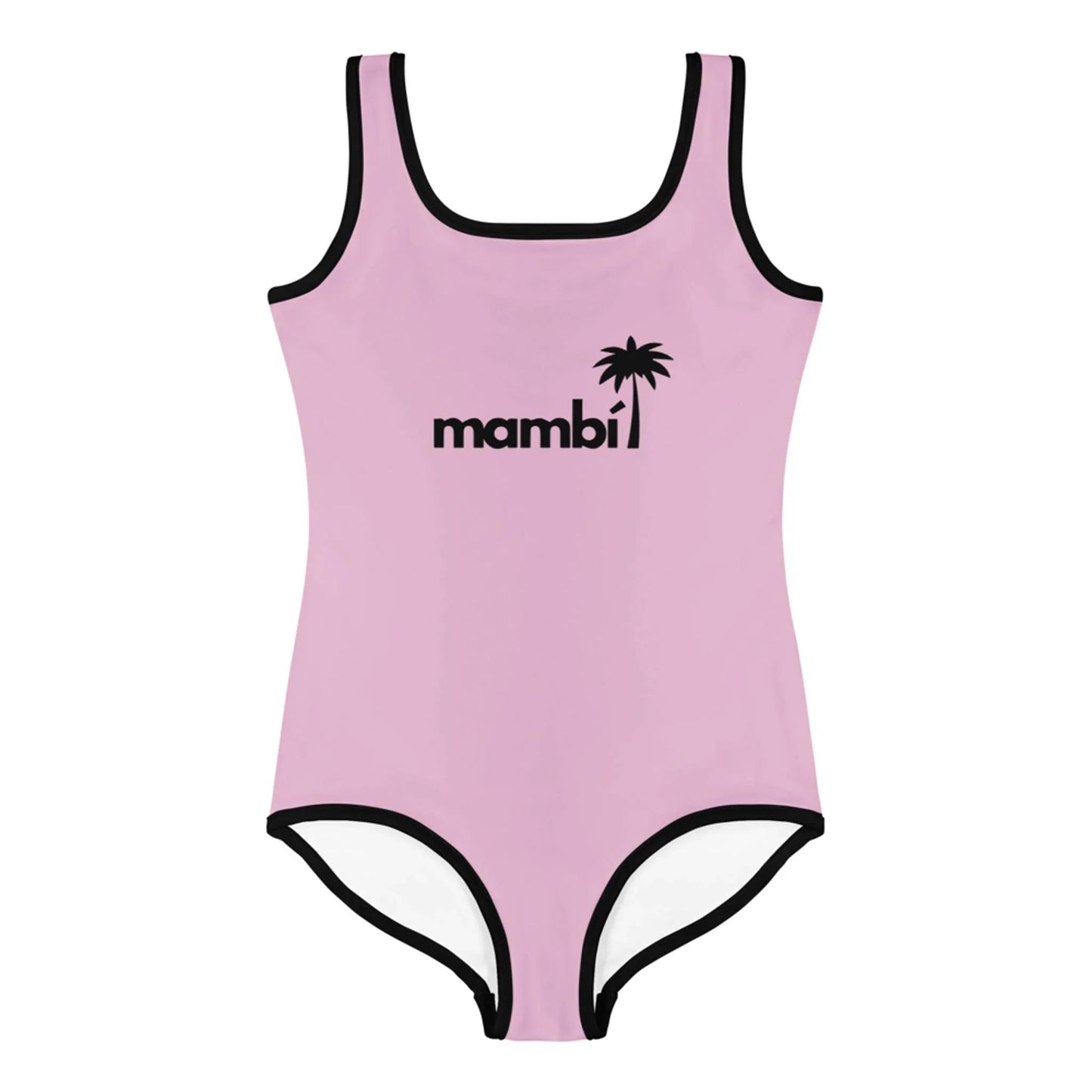 The Daisy Classic One-Piece Swimsuit by Printful is a light pink girls’ suit with black trim, mambi in black letters and a palm tree graphic on the front, plus UPF sun protection for toddlers and little kids.