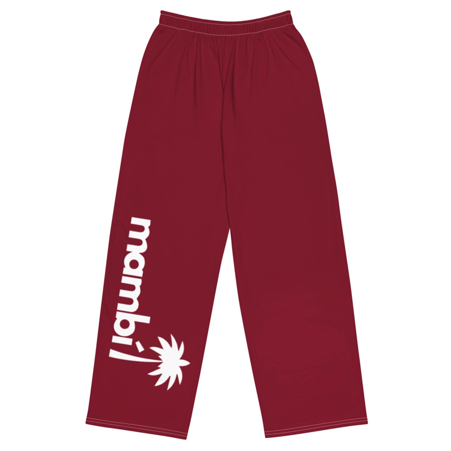 Maroon pants with an elastic waistband, featuring the word Mambí and a stylized palm design printed in white vertically along the left leg.