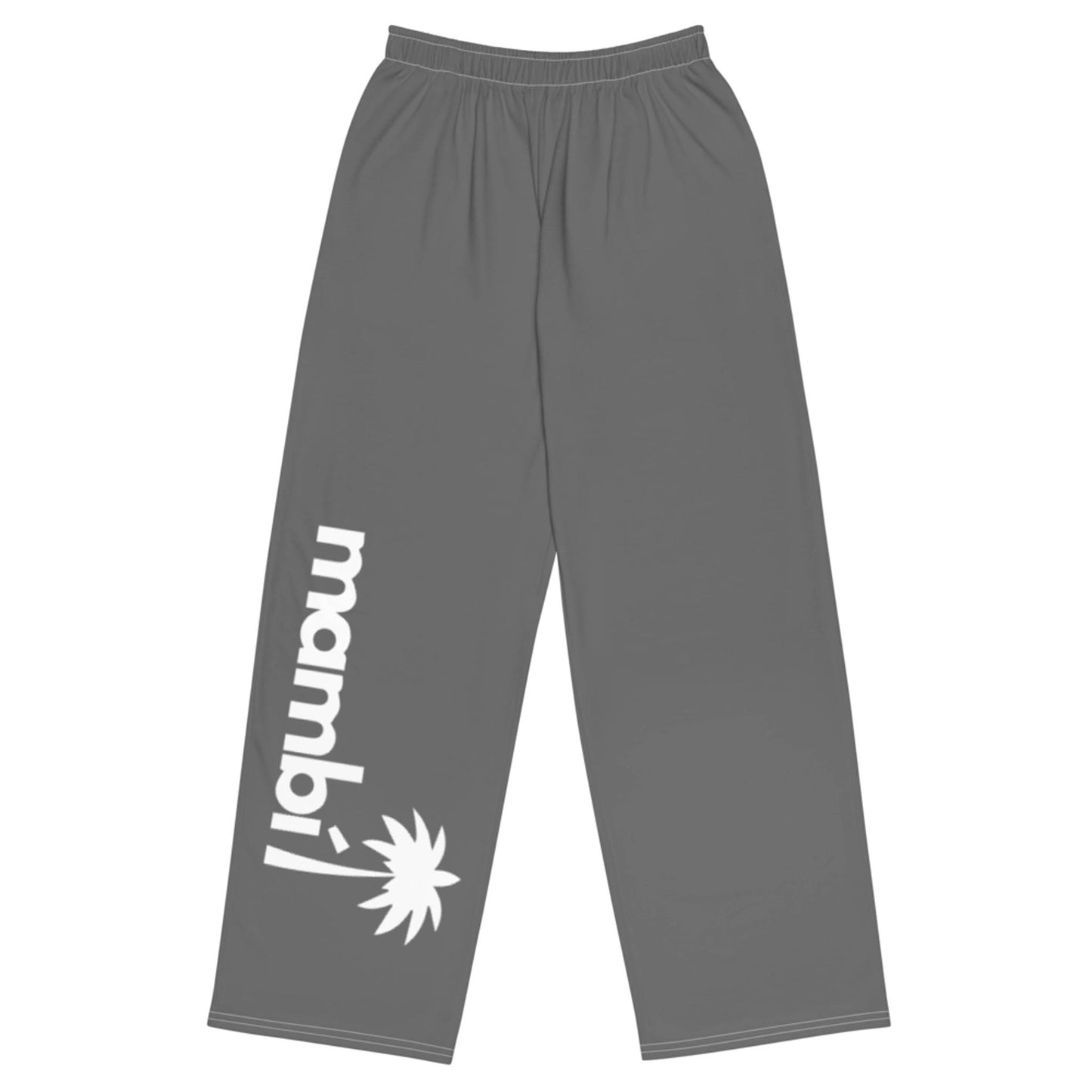 Gray wide-leg pants with an elastic waistband. The left leg features the word Mambí in bold white lowercase letters, placed vertically above a stylized white starburst graphic near the hem.