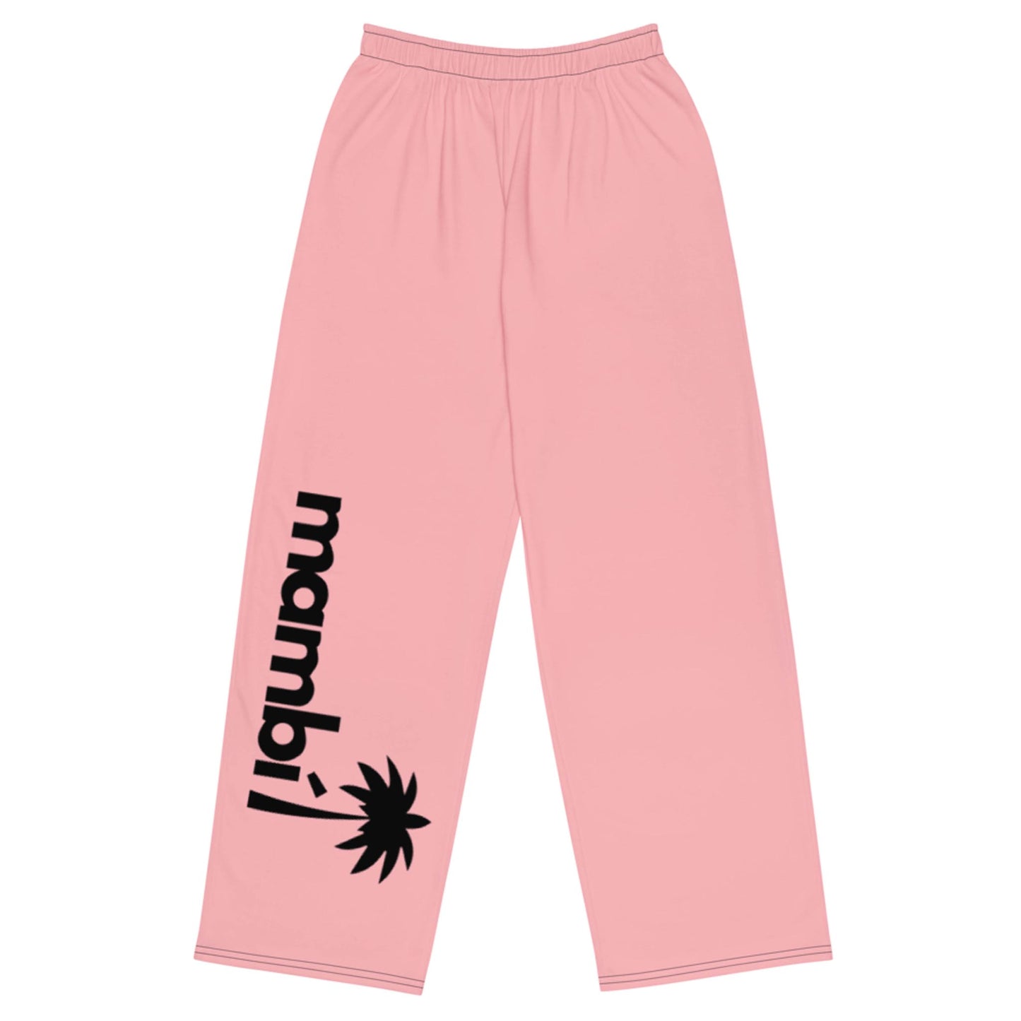 Pink wide-leg pants with an elastic waistband. The left leg showcases mambí in bold black letters printed vertically, paired with a striking black palm tree graphic near the cuff.
