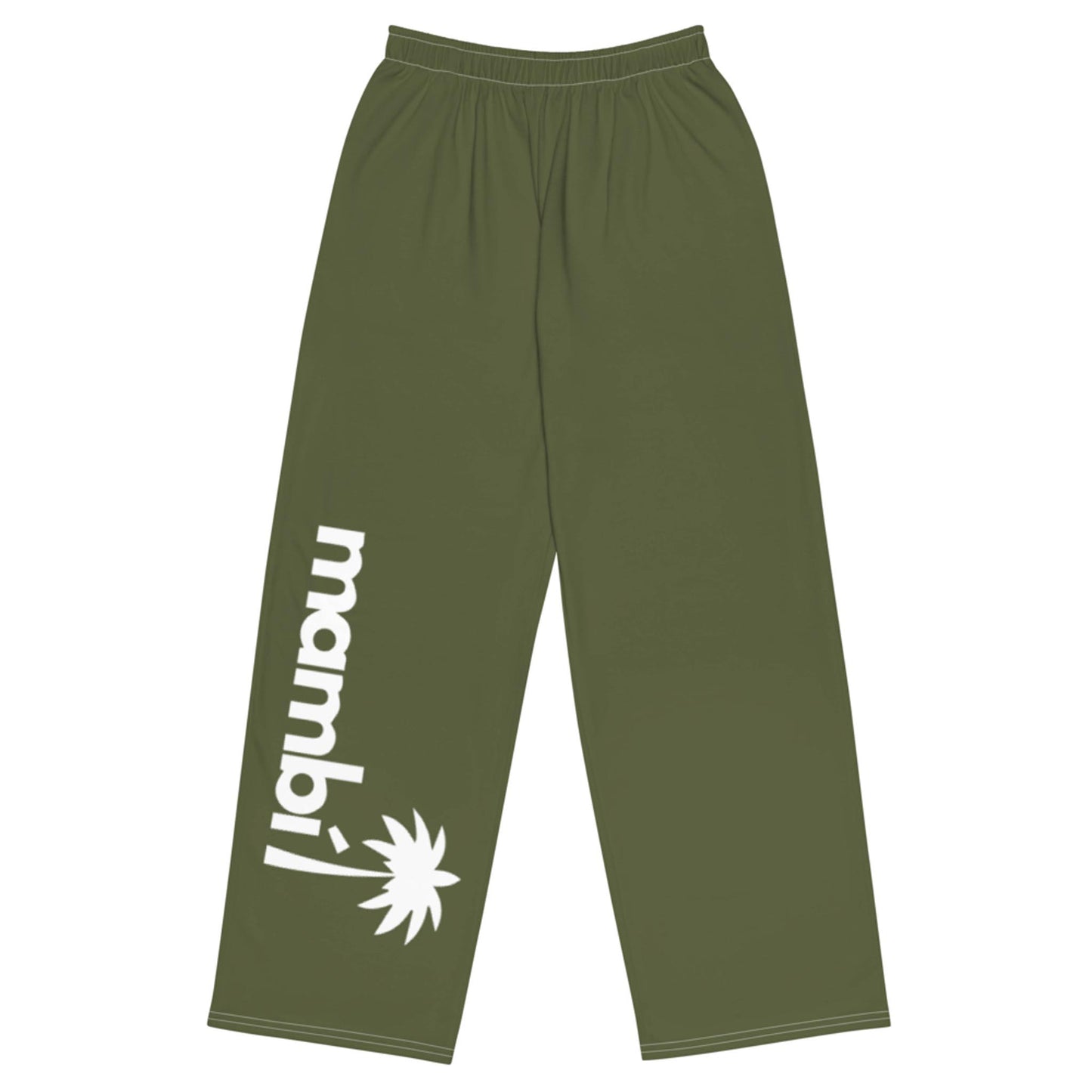 Olive green pants with an elastic waistband. The left leg features Mambí in bold white letters and a stylized white palm graphic below the text.