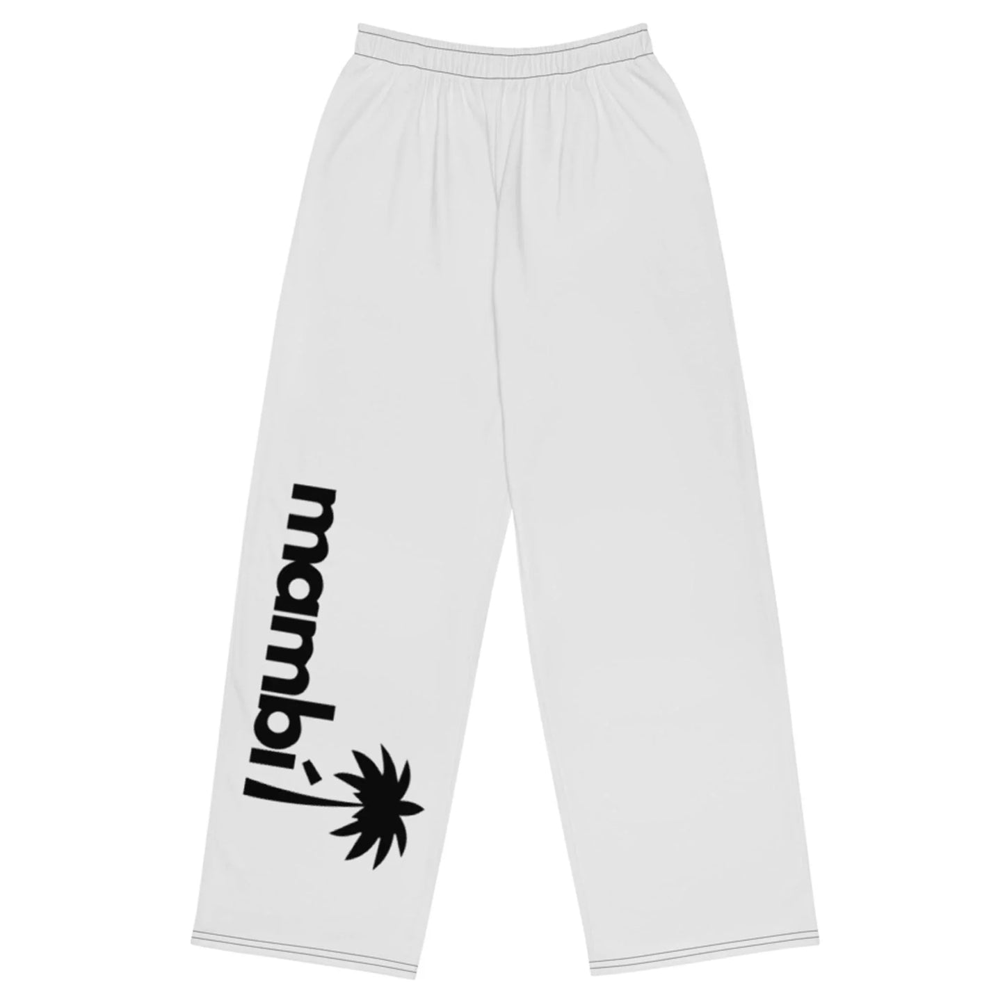 White pajama pants with an elastic waistband, featuring the word Mambí and a black palm tree graphic printed vertically along the left leg.