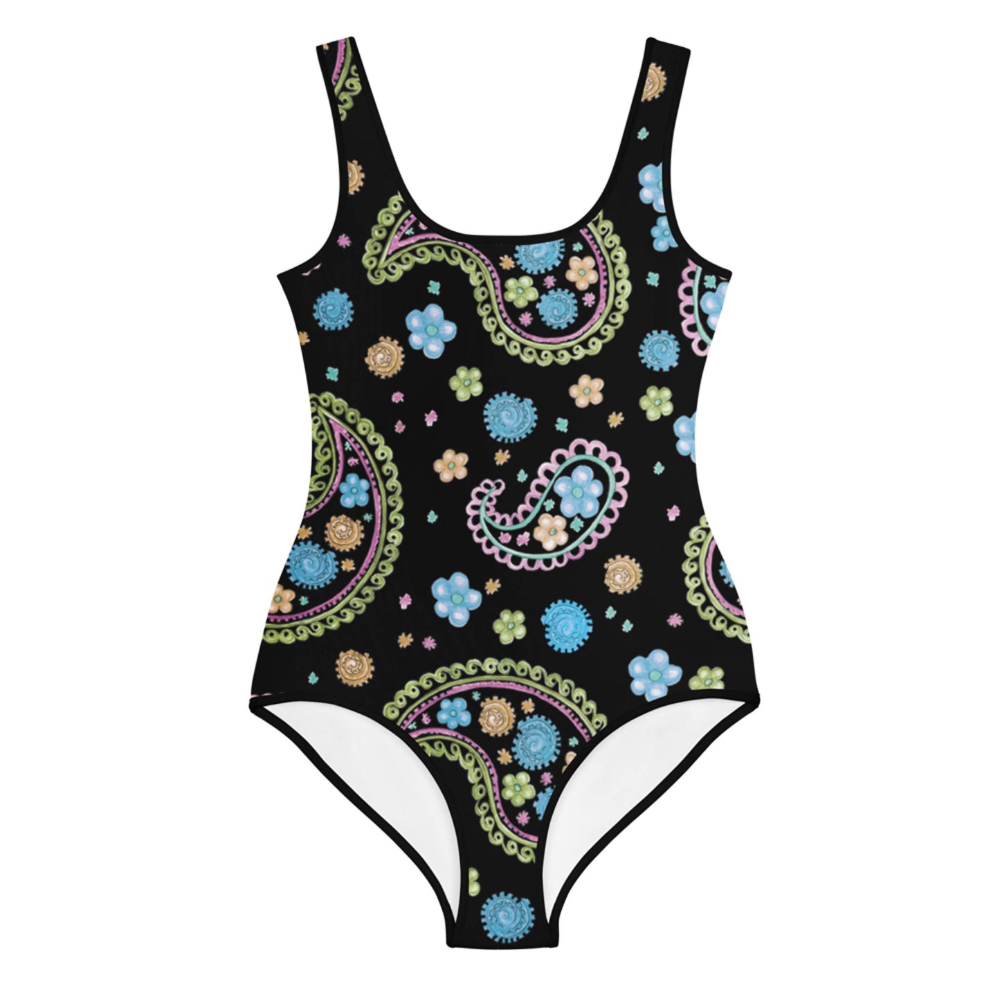One-piece swimsuit with a black background featuring a colorful Mambí paisley and floral pattern in pastel blue, green, pink, and yellow tones. The design covers the entire swimsuit.