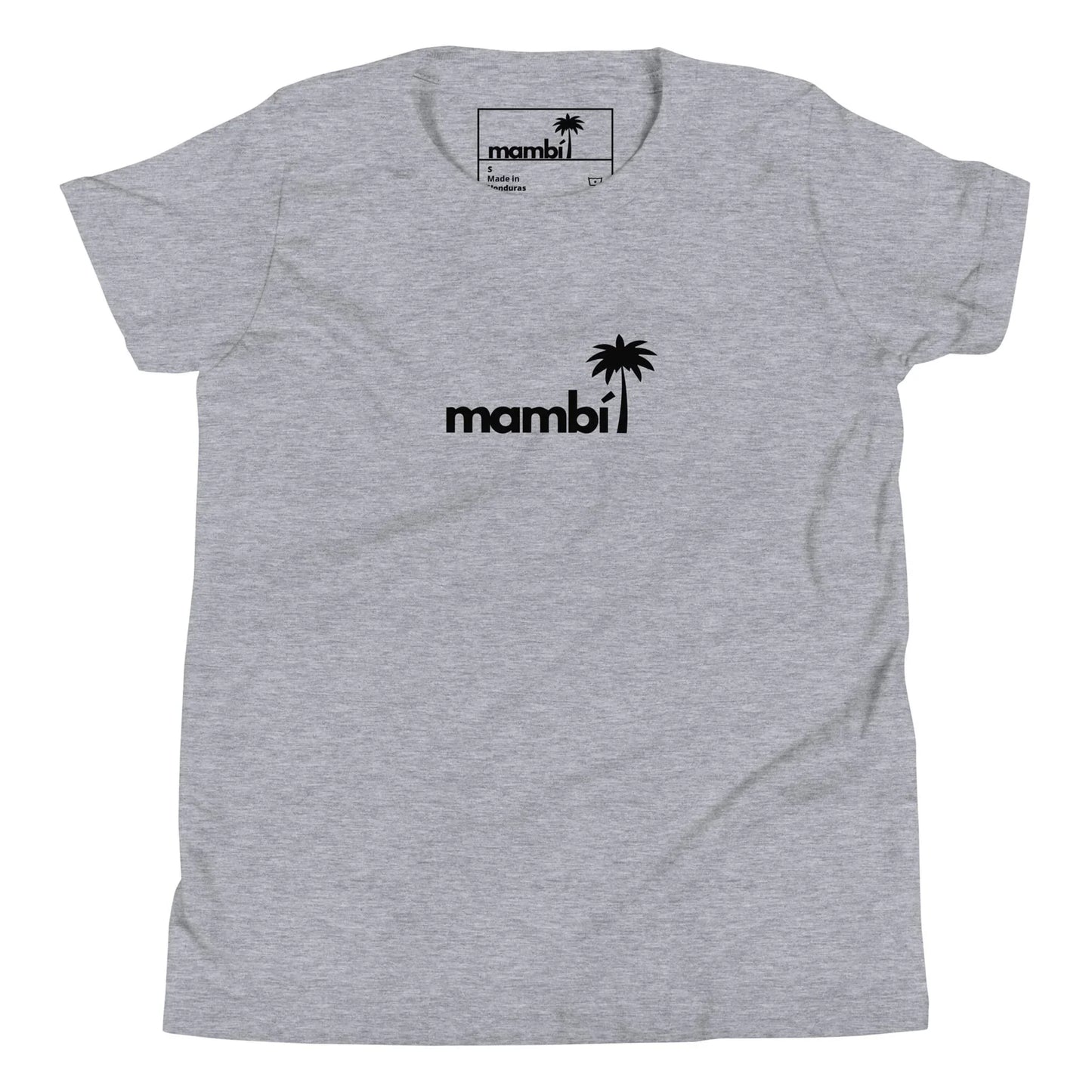A light gray t-shirt featuring the word Mambí in black lowercase letters with a black palm tree graphic above the i on the chest. The same Mambí logo appears on the inside neck label.