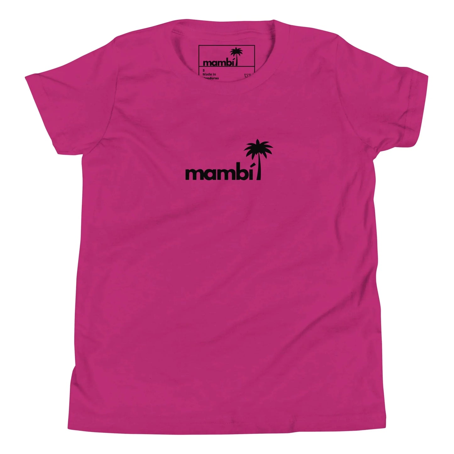 A bright pink t-shirt featuring the black text Mambí with a small palm tree graphic above the letter i in the center of the chest.