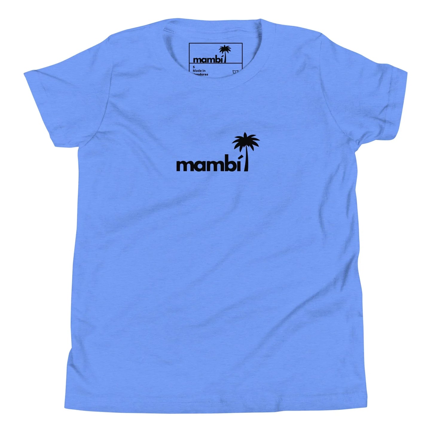 A light blue t-shirt with the word Mambí in bold black lowercase letters centered on the chest. The letter i features a small black palm tree graphic as its dot.